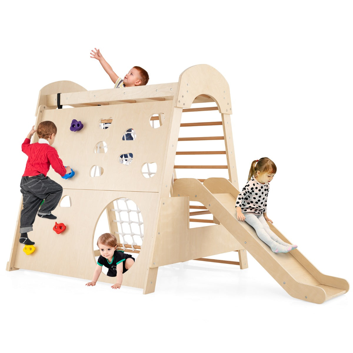 8-in-1 Indoor Jungle Gym Wooden Playground with Climbing Wall-Natural