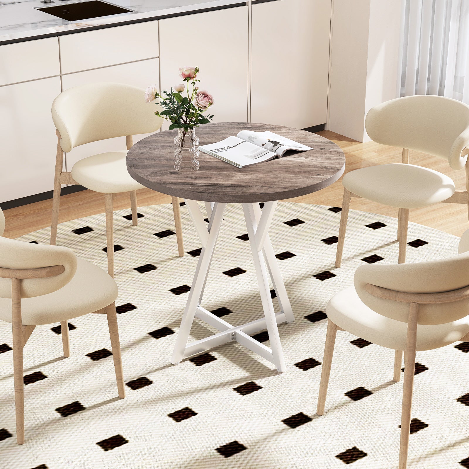 80cm Round Dining Table with Metal Pedestal Base and Adjustable Foot Pads-Natural