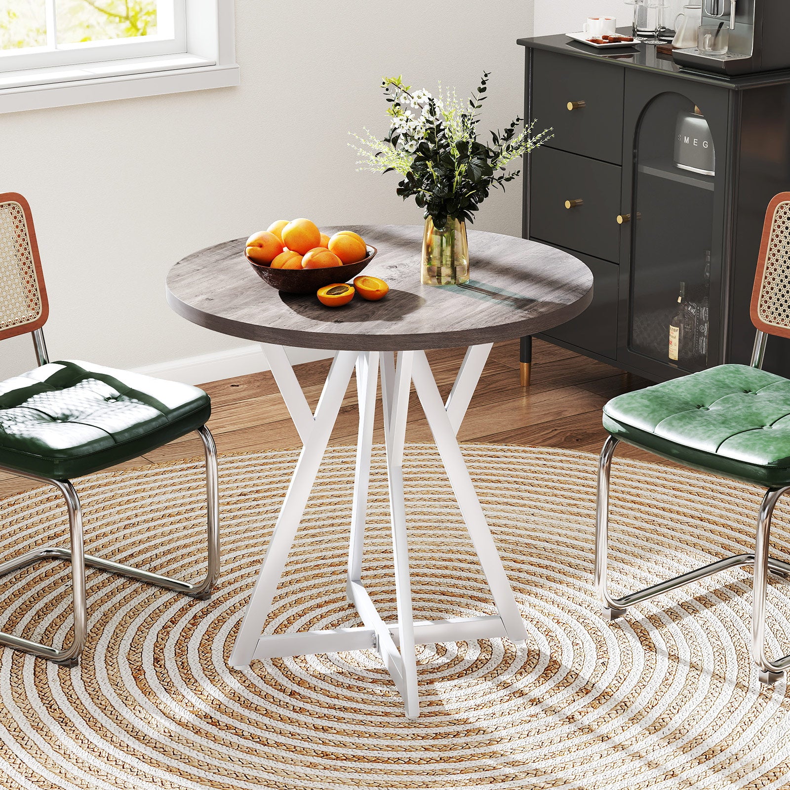 80cm Round Dining Table with Metal Pedestal Base and Adjustable Foot Pads-Natural