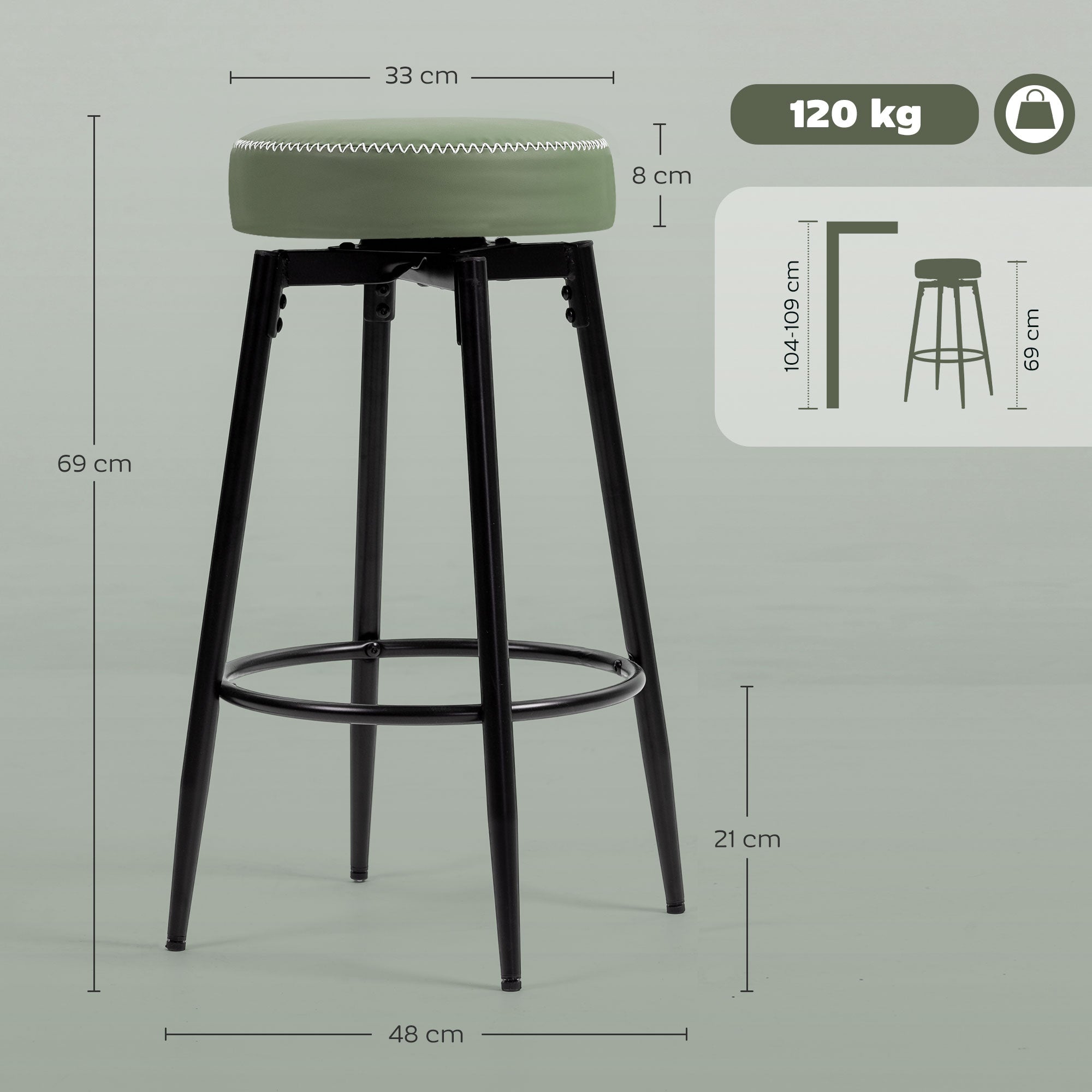 HOMCOM Set of Two Faux Leather Bar Stools - Green/Black