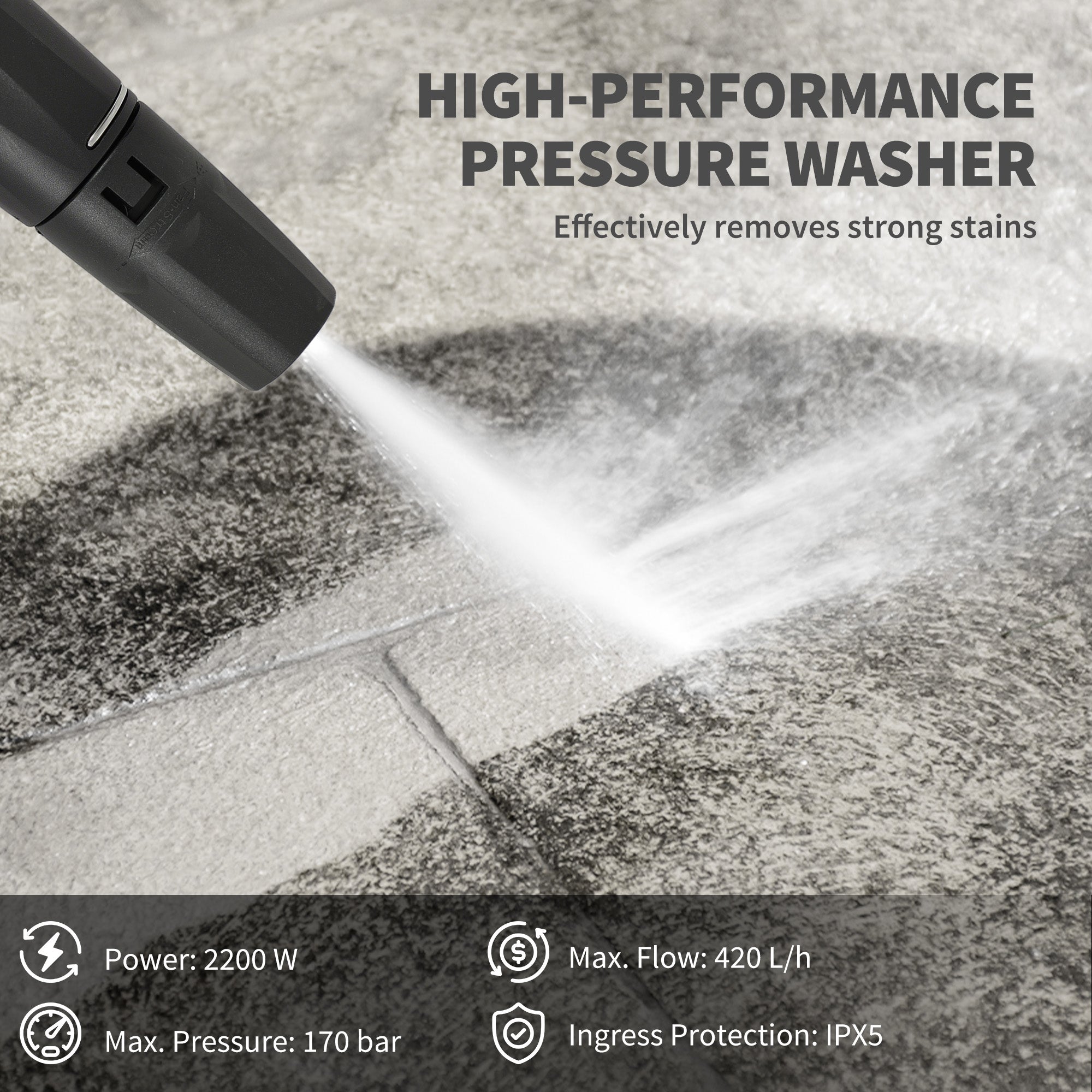 Outsunny 2200W High√Ç Pressure√Ç Washer, 170 Bar Pressure, 420 L/h Flow, Portable Electric Power Washer Jet Wash Cleaner with Adjustable Nozzle 6M Hose and Hose Reel for Home Patio Car Driveway