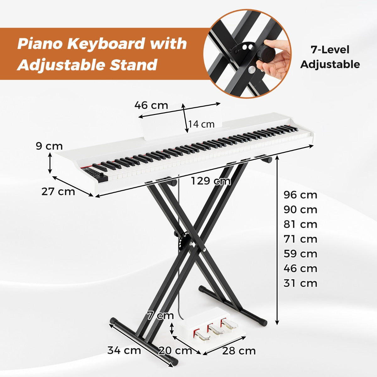 88-Key Keyboard Piano Set Full Size Semi-weighted Digital Piano-White