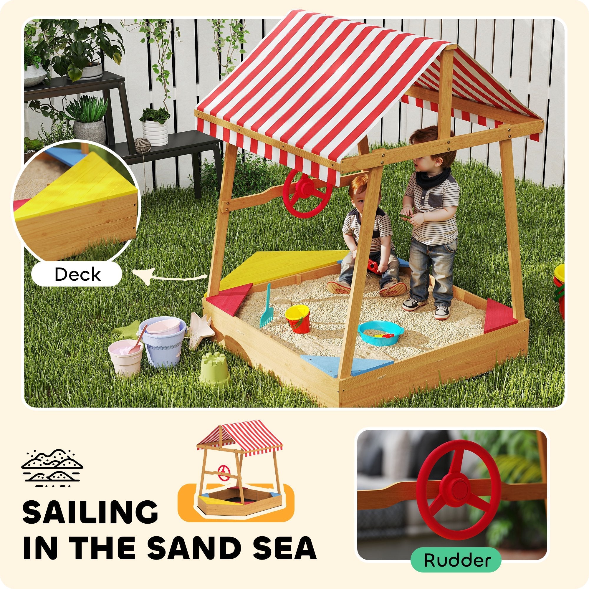 AIYAPLAY Wooden Kids Sandpit Boat Style with Canopy, 4 Seats, Rudder, Bottom Liner, for Children 3-8 Years, Yellow