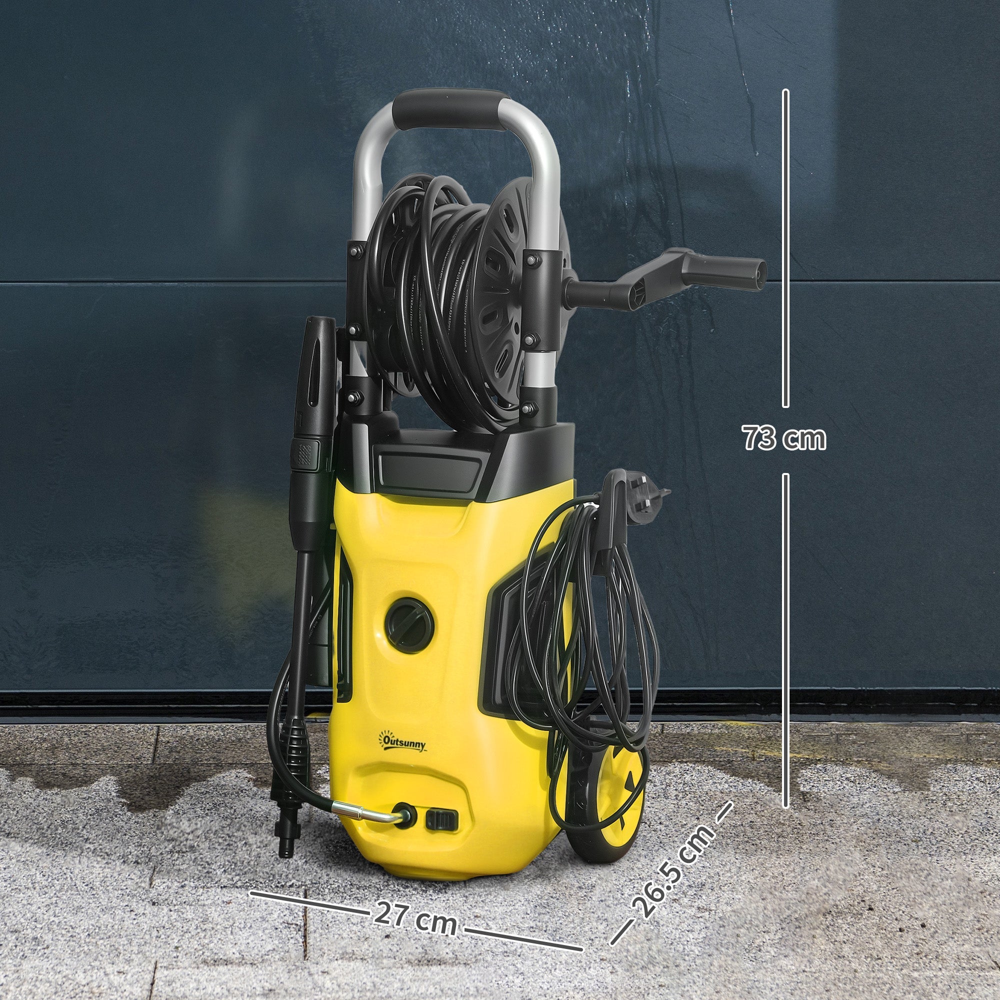 Outsunny 1800W High√Ç Pressure√Ç Washer, 150 Bar Pressure, 420 L/h Flow, Portable Power Washer Jet Wash Cleaner with Adjustable Nozzle, 6M Hose, Hose Reel, Steel Handle for Home Patio Car Driveway, Yellow