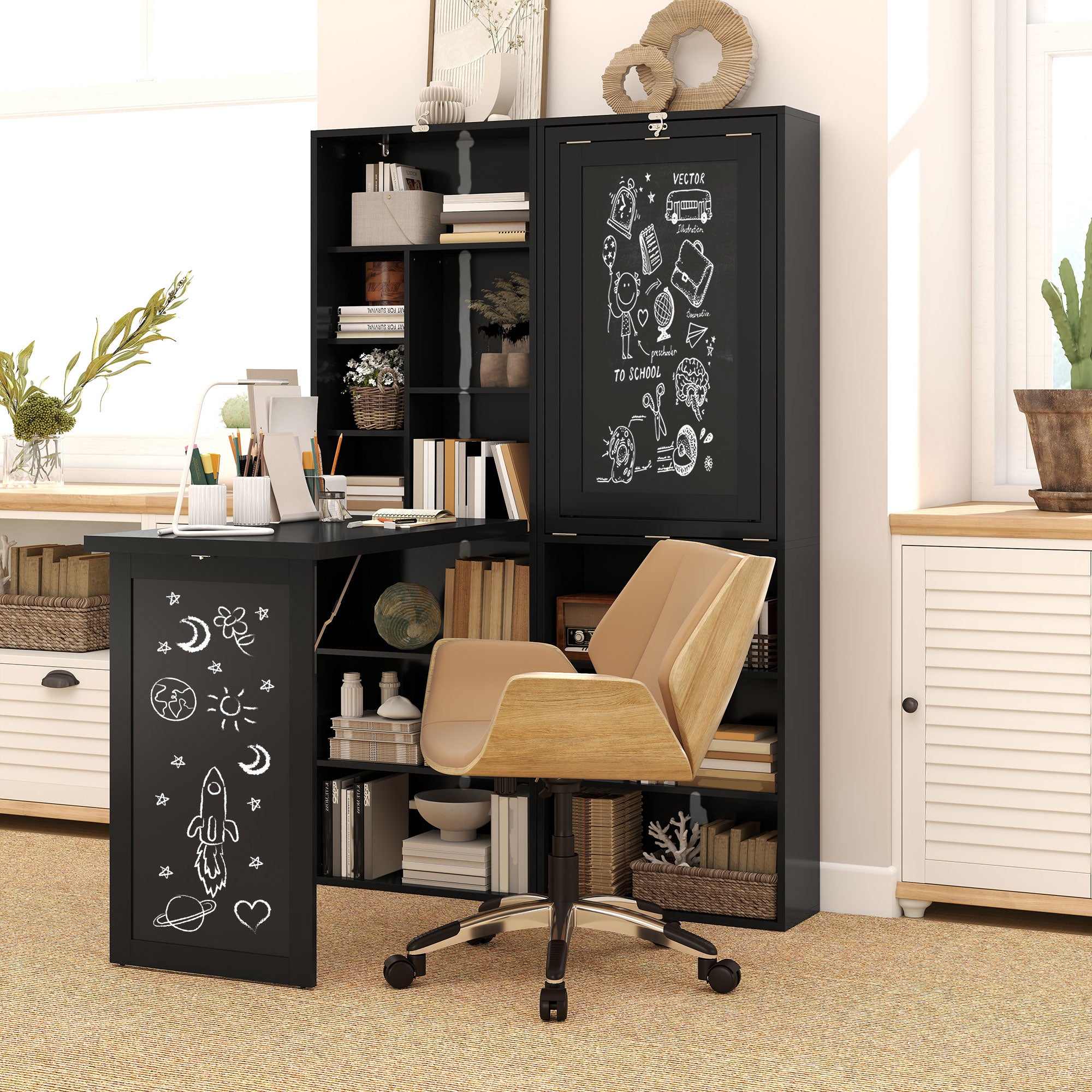 HOMCOM Three-Part Work Desk, with Storage and Chalkboard - Black