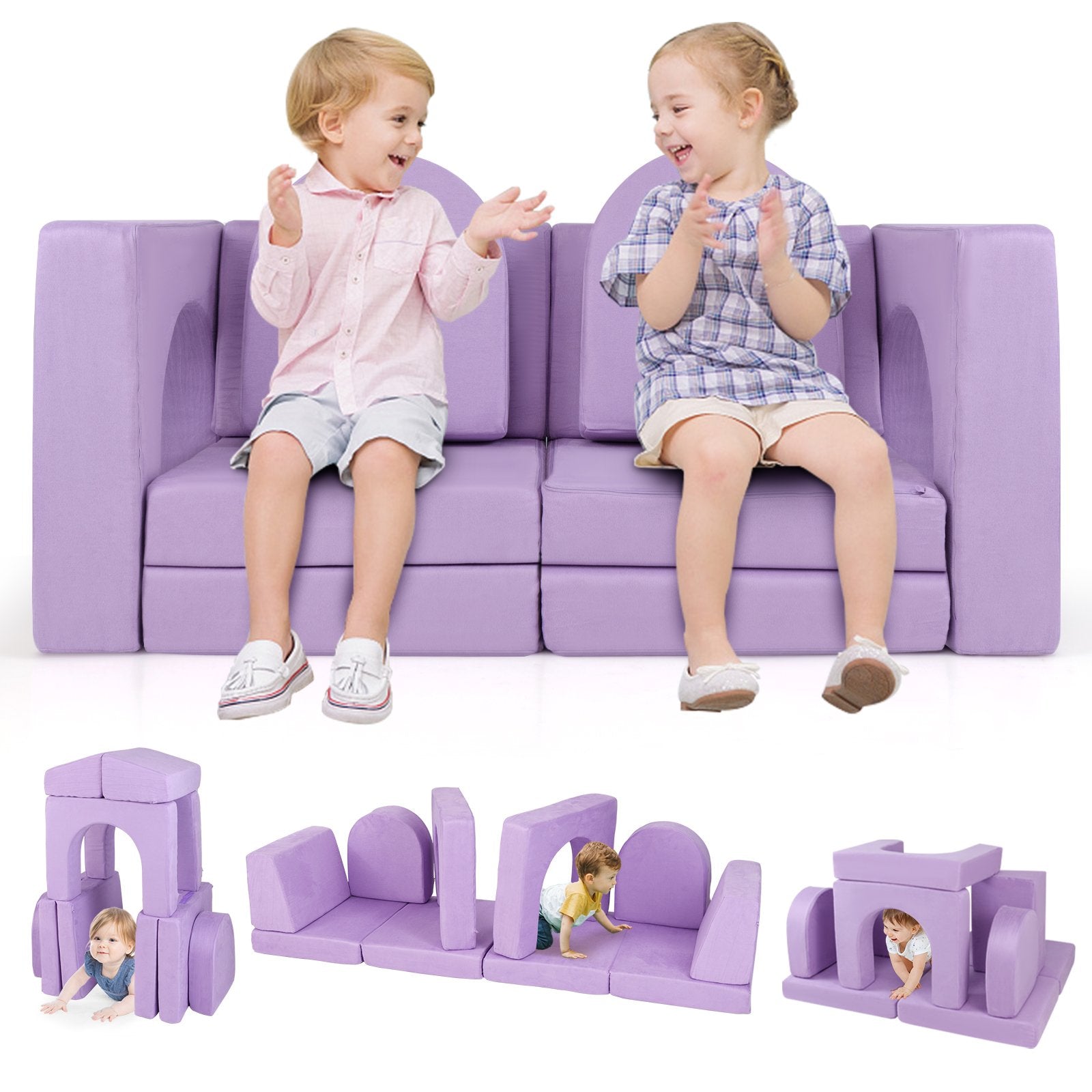 8-Piece Modular Kids Play Couch with Machine-washable Covers-Purple