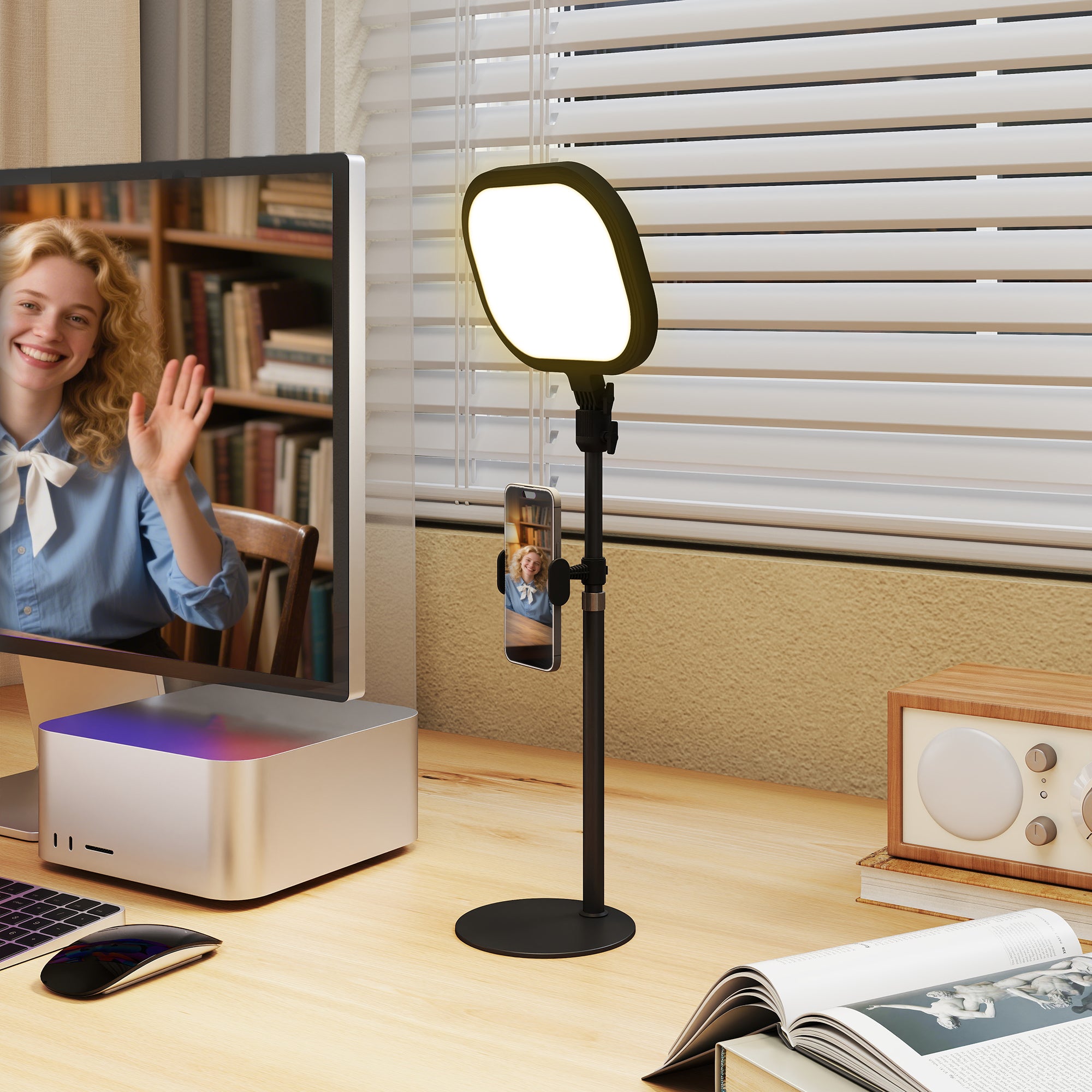 HOMCOM Selfie Light for Video Conference Lighting, Dimmable Desk Lamp with Stand Phone Holder, 5 Colour Modes & 10 Brightness Levels, Memory Function for Home Office, Recording, Video Calls, Black