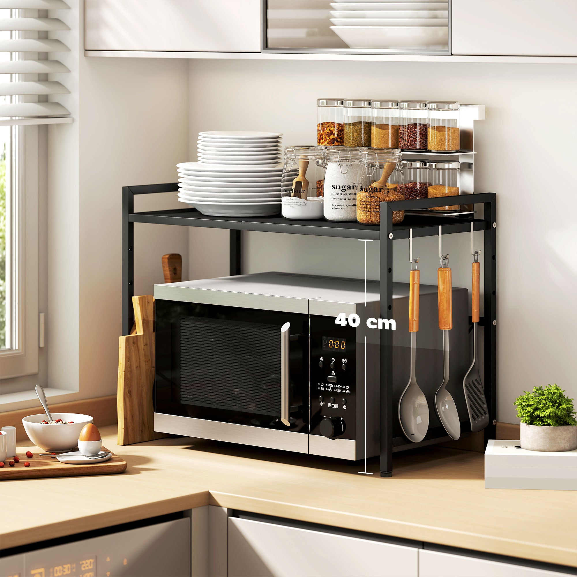 HOMCOM Expandable Microwave Oven Rack with 3 Hooks - Black