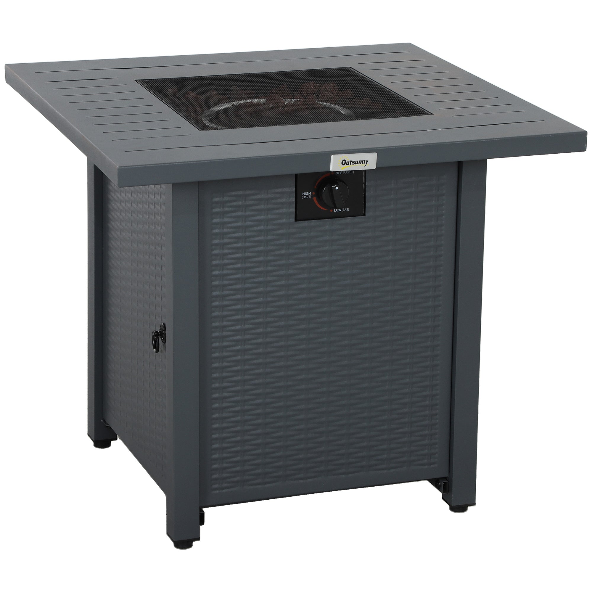 Outsunny Rattan-style Propane Gas Fire Pit Table with 40,000 BTU Burner, Square Smokeless Firepit Patio Heater with Thermocouple, Lava Rocks, Waterproof Cover, Spark Guard and Lid, Grey