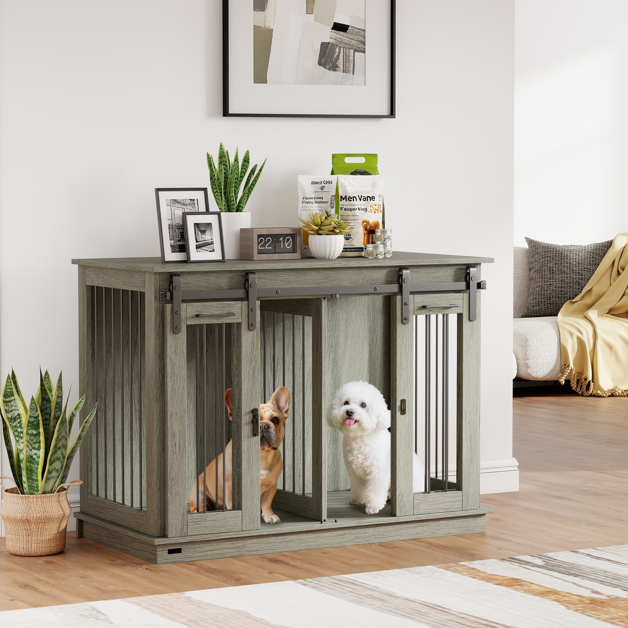 PawHut Dog Crate Furniture for Large Dogs, Double Dog Cage for Small Dogs, with Divider - Grey