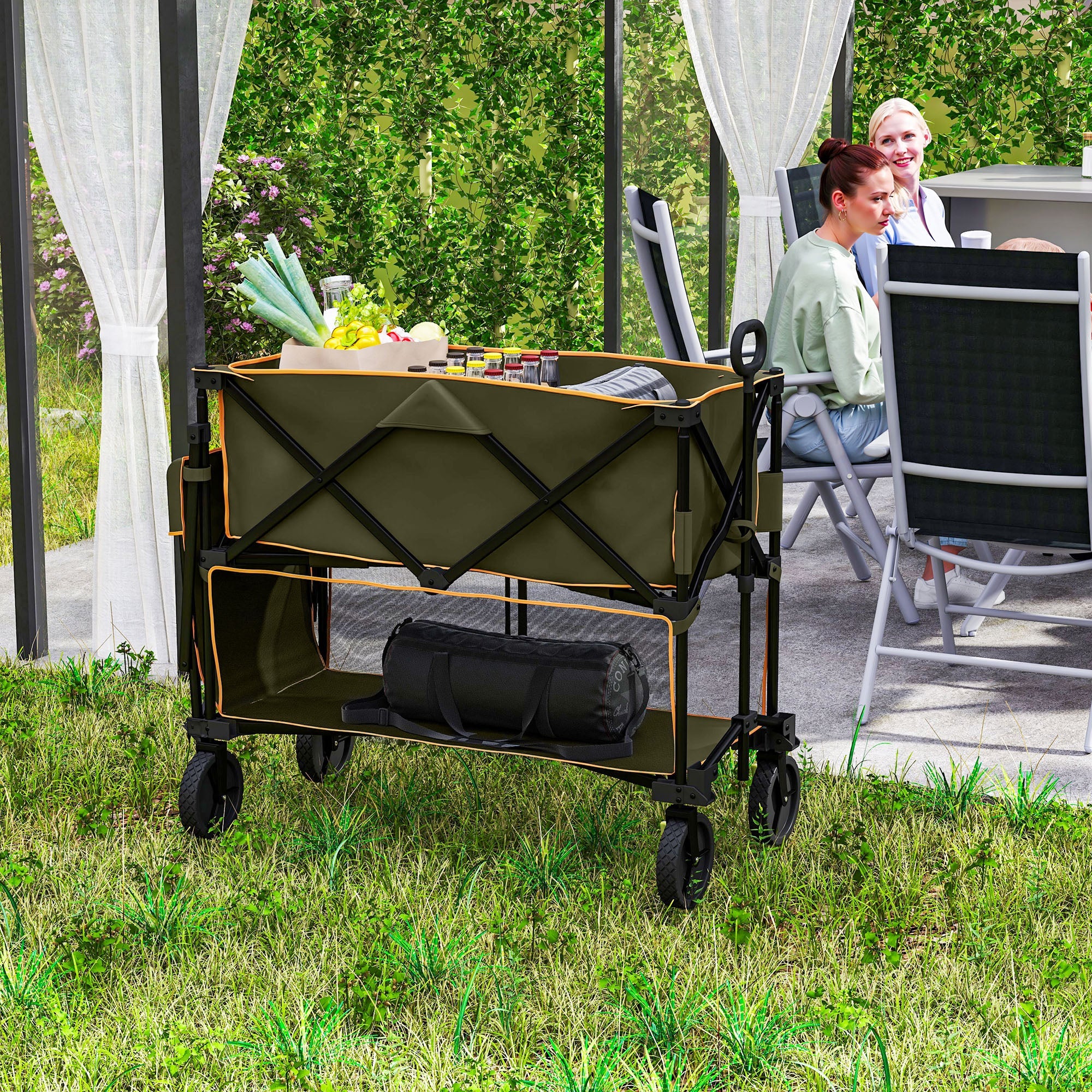 Outsunny Double Decker Folding Festival Trolley on Wheels, 200KG & 350L Capacity Collapsible Wagon Festival Trolley Cart with 134cm Extended for Camping Sports Shopping Garden and Beach, Grey