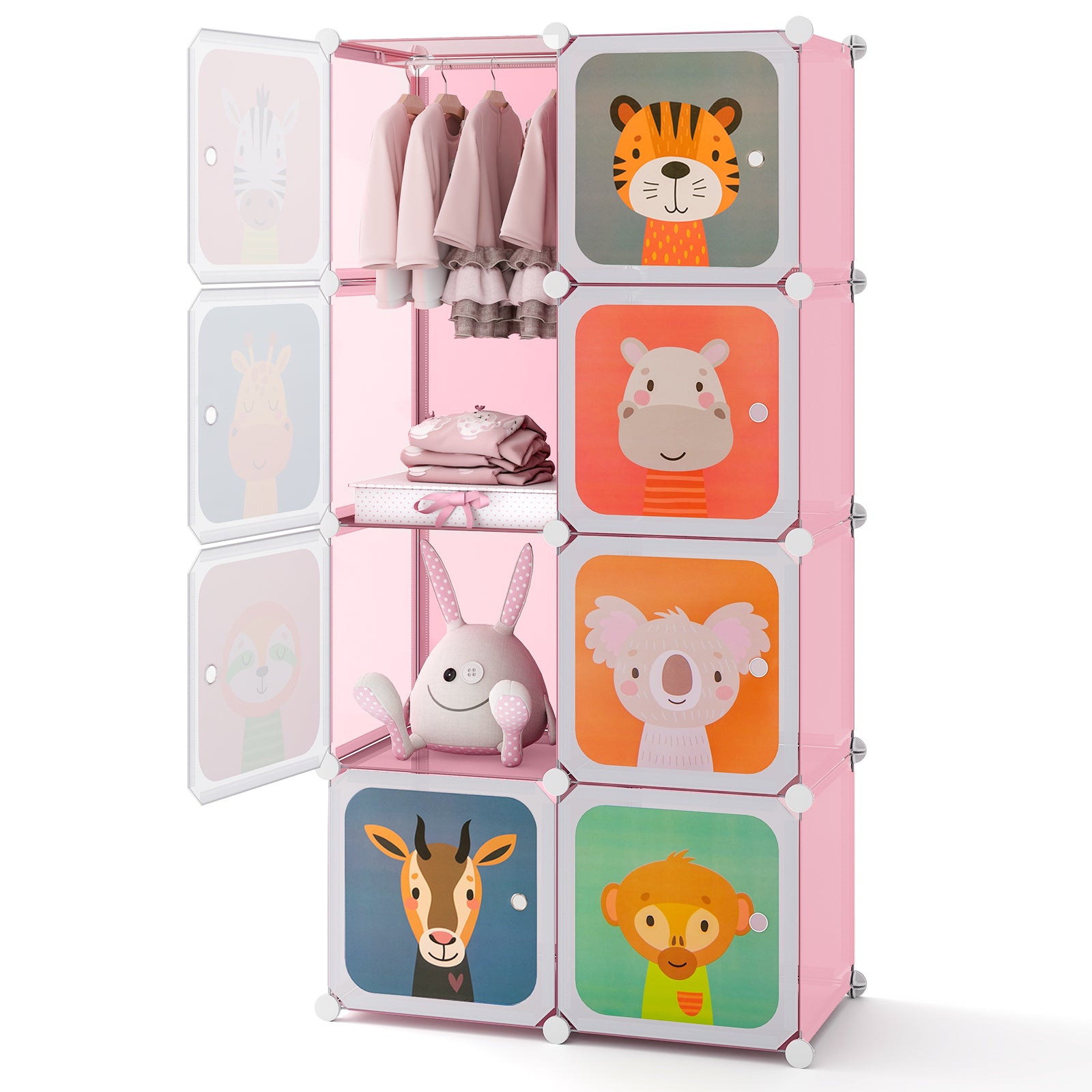 8-Cube Portable Kids Wardrobe with Hanging Section-Pink