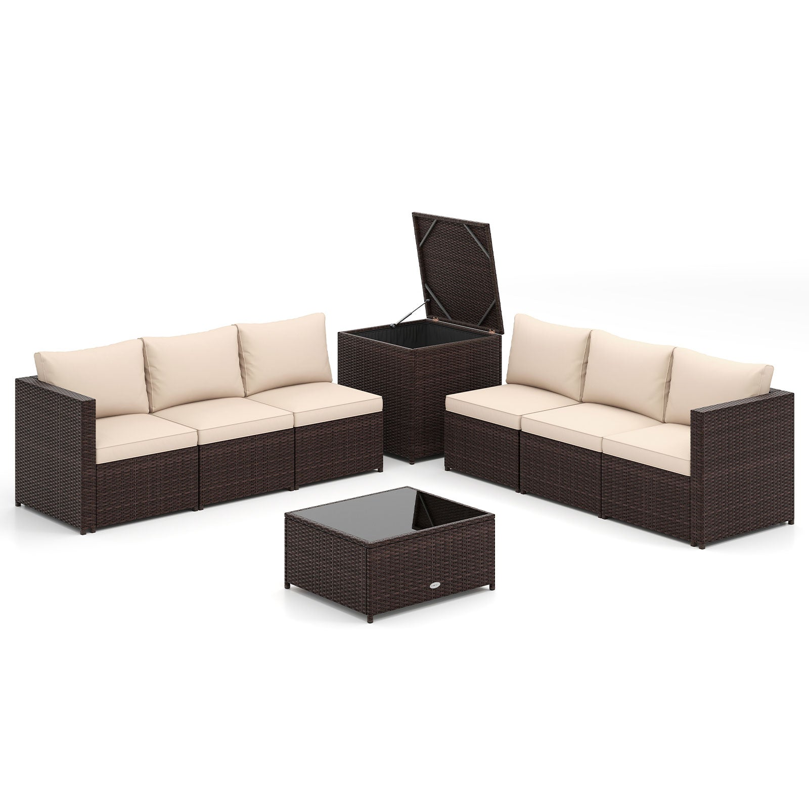 8 PCS Wicker Patio Furniture Set with Cushions and Storage Box-Brown