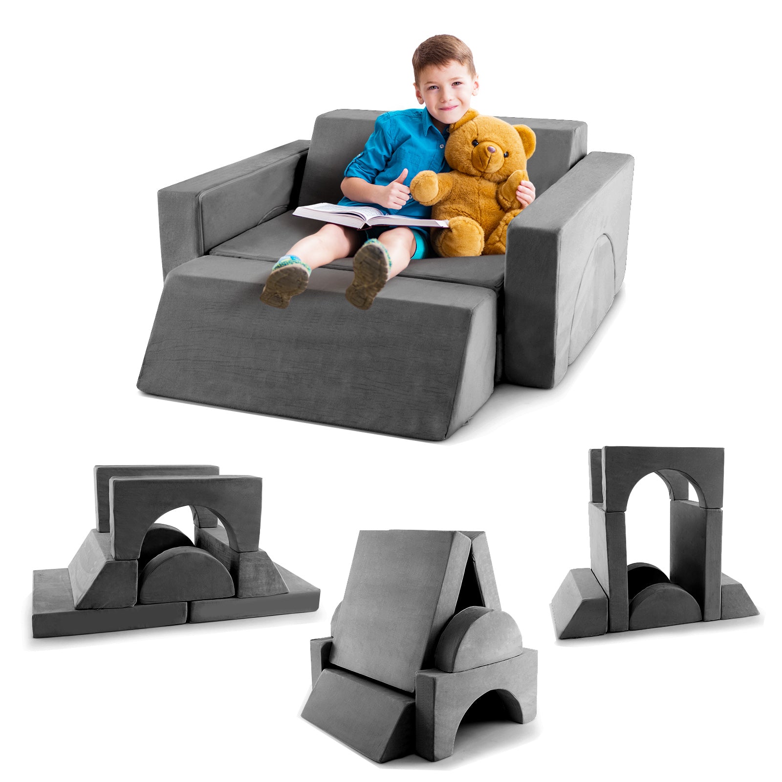 8-Piece Kids Modular Play Sofa with Machine-washable Fabric-Grey