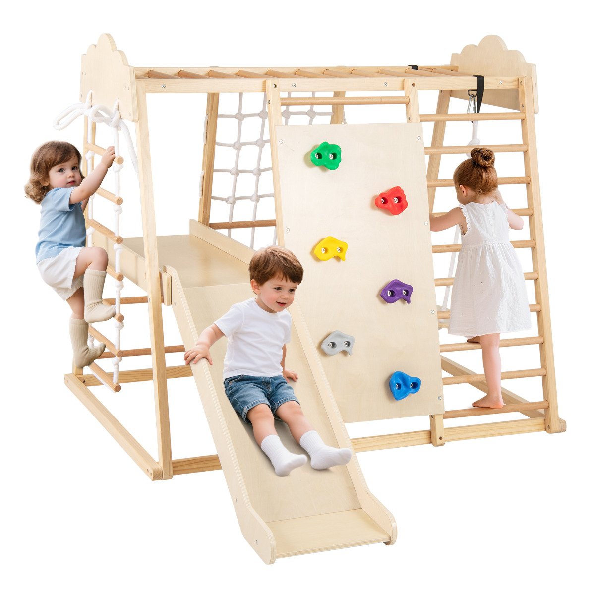 8-in-1 Indoor Jungle Gym for Kids Wooden Montessori Climbing Toys-Natural