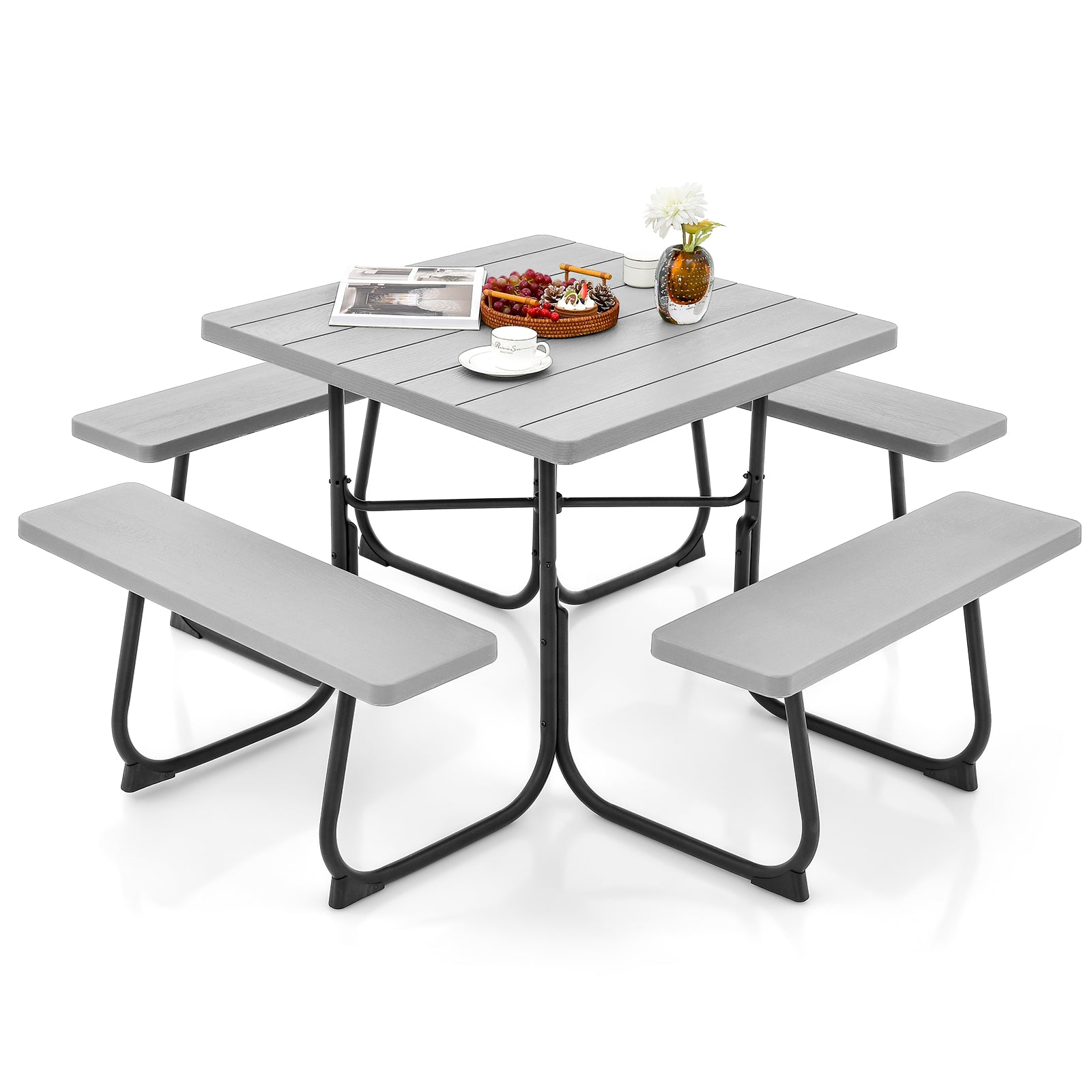8-person Square Picnic Table Bench Set with 4 Benches and Umbrella Hole-Grey
