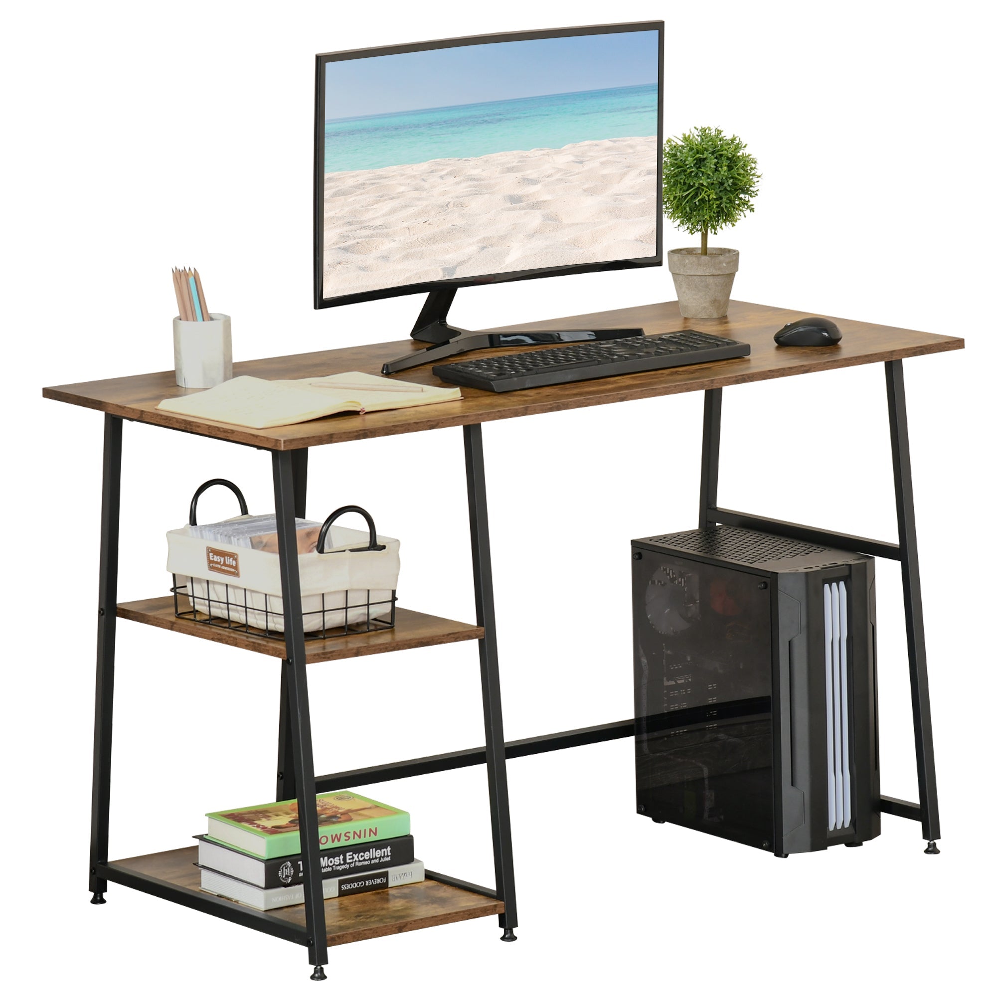 HOMCOM 120cm Computer Desk with Storage, Industrial Home Office Desk with 2 Tier Shelves and Steel Frame, Computer Table for Study Room, Rustic Brown