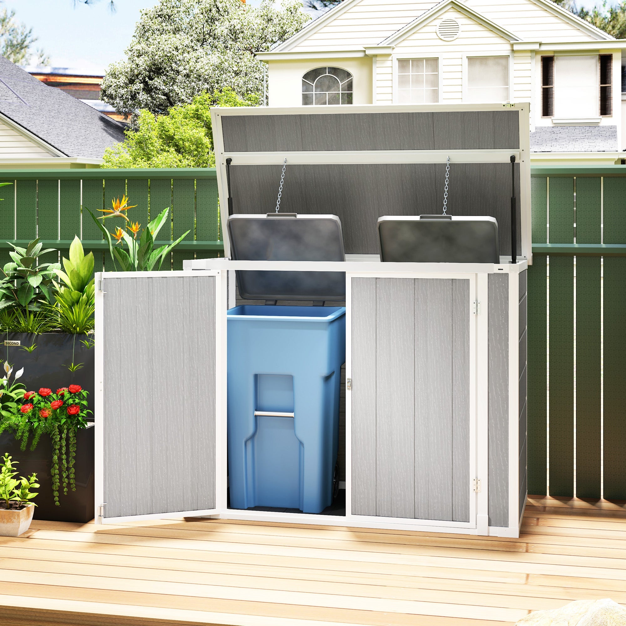 Outsunny 4.7 x 2.5FT Garden Shed, Lockable Outdoor Storage with Openable Lid, Small Shed for 2 Trash Cans, Tools, Patio, Light Grey