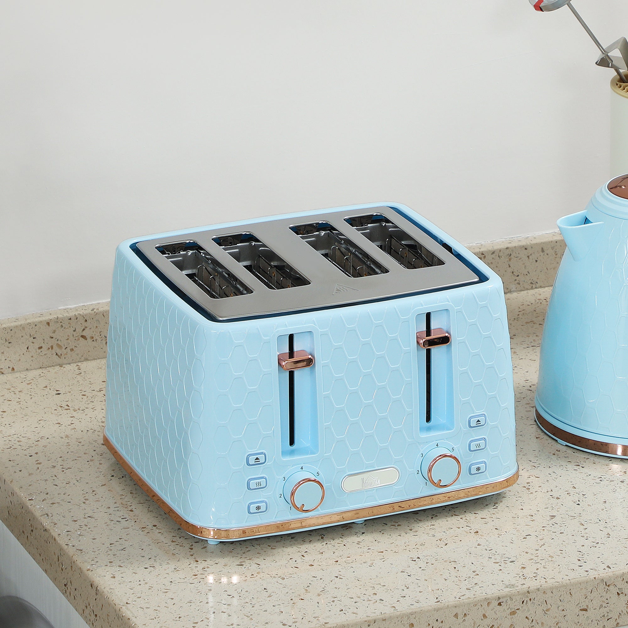 HOMCOM Kettle and Toaster Set, 1.7L 3000W Fast Boil Jug Kettle, 4 Slice Toaster with 7 Level Browning Controls, Light Blue