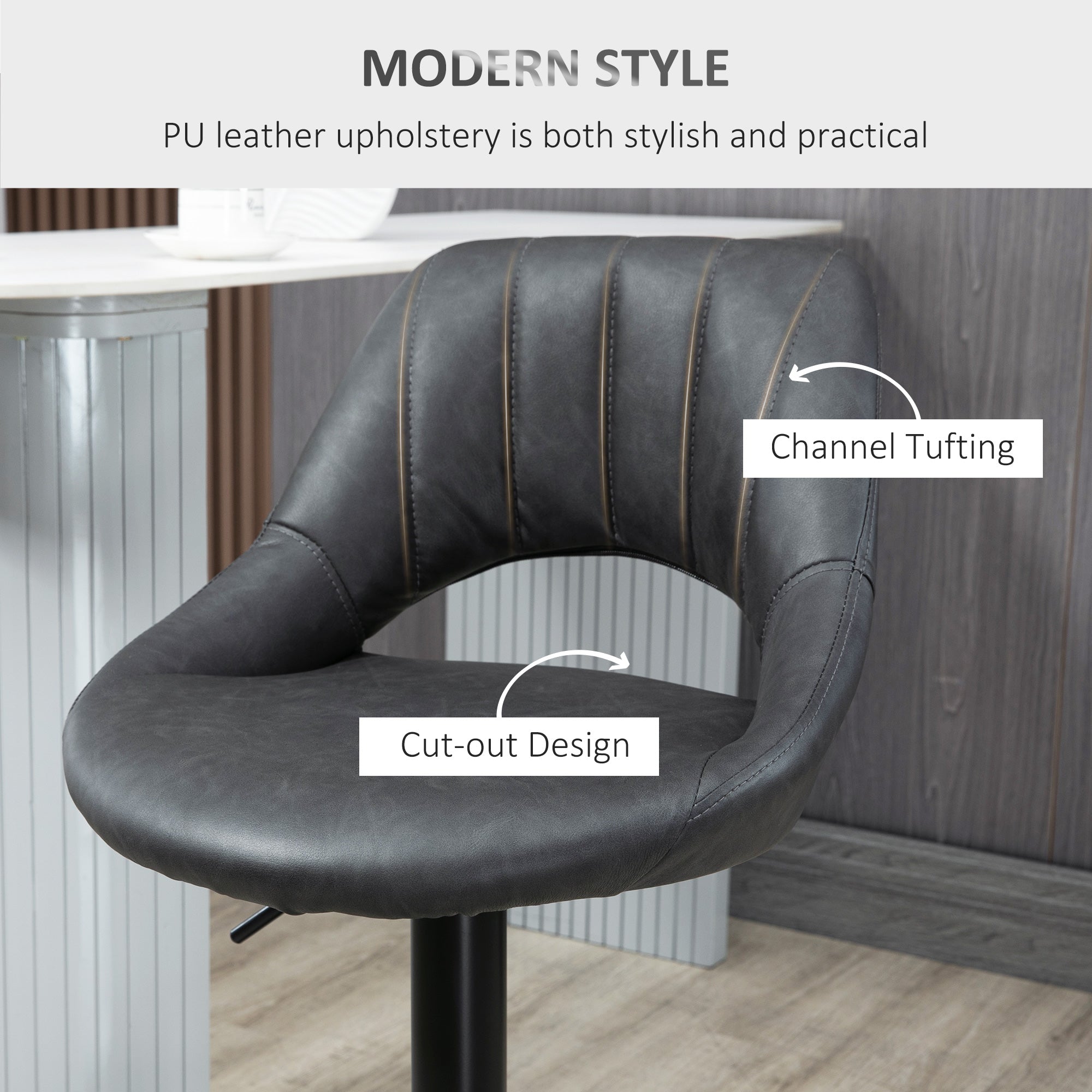 HOMCOM Bar Stools Set of 2, Swivel Counter Height Barstools with Back, Adjustable PU Leather Bar Chairs, Modern Armless Kitchen Island Stool, Dark Grey