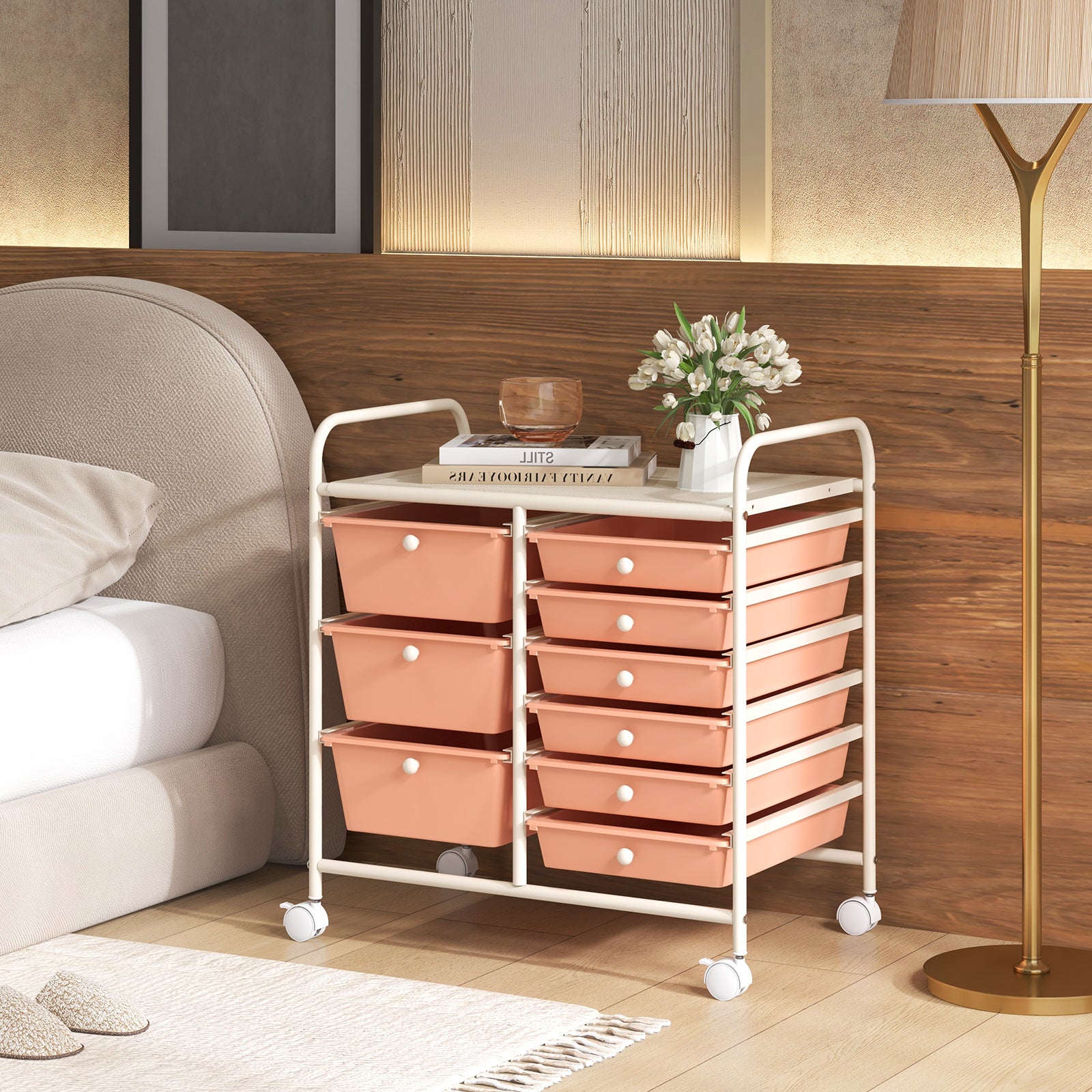 9-Drawer Rolling Storage Cart Tools Scrapbook Paper Organizer-Pink
