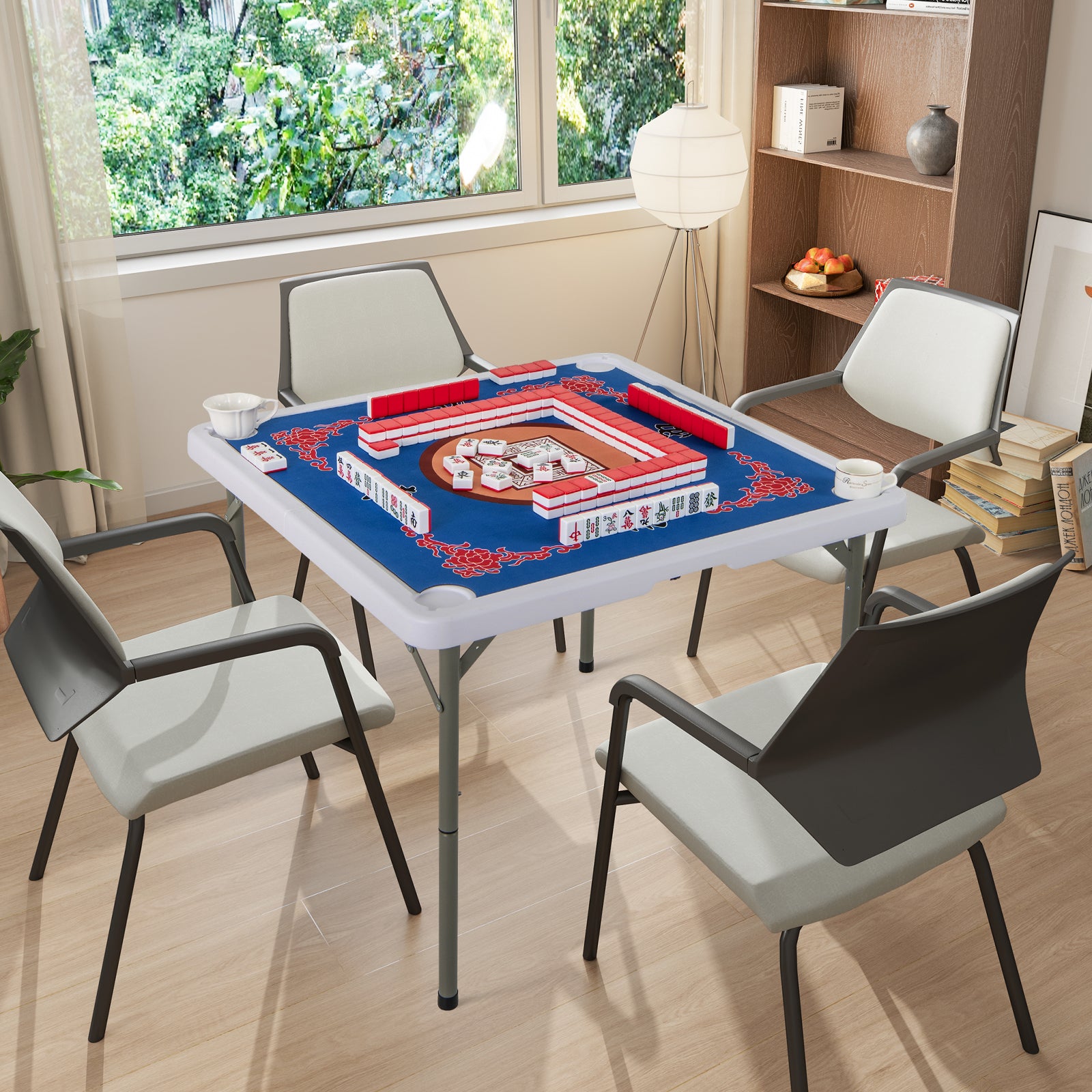 Folding Mahjong Table with Cup Holders and Removable Game Mat-Blue