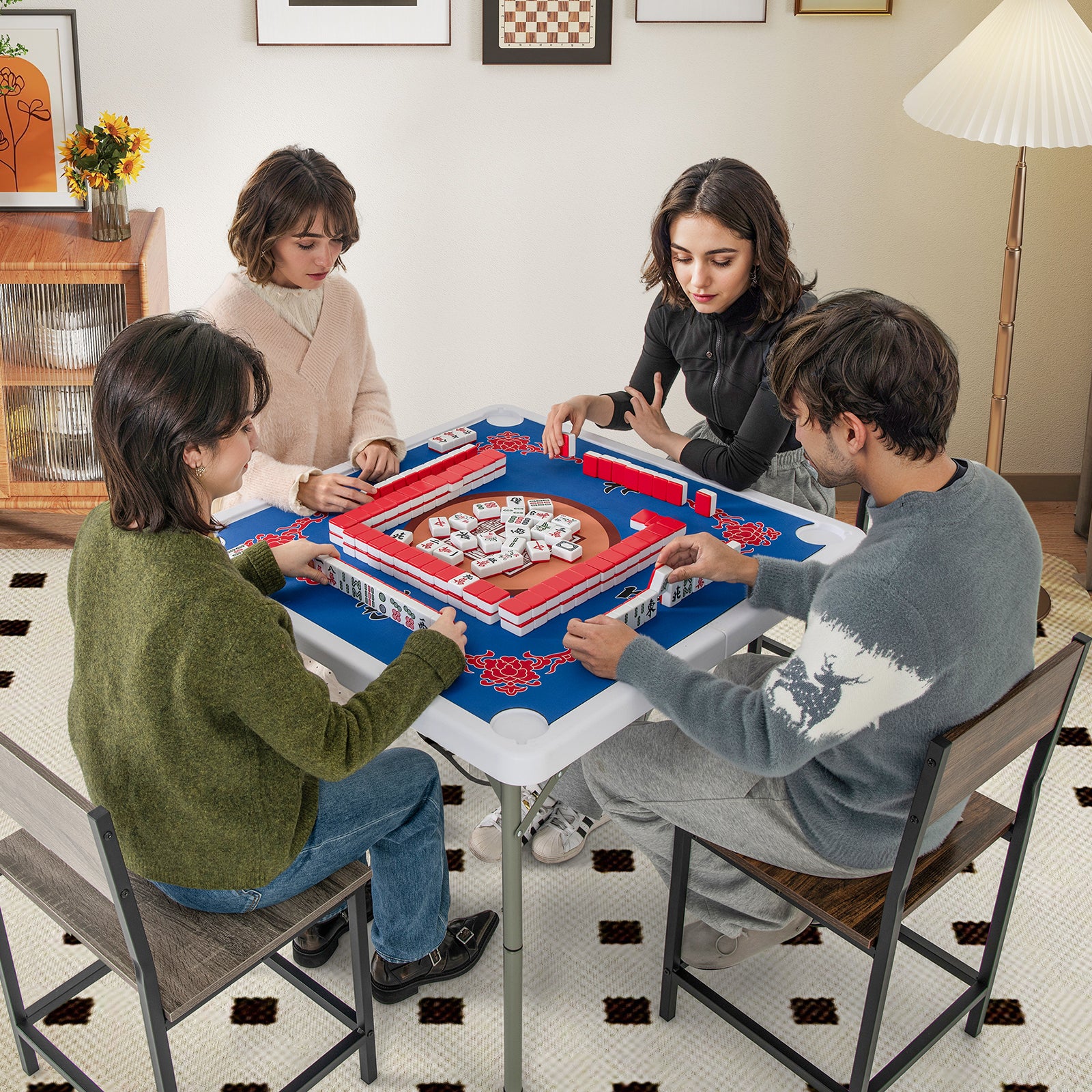 Folding Mahjong Table with Cup Holders and Removable Game Mat-Blue