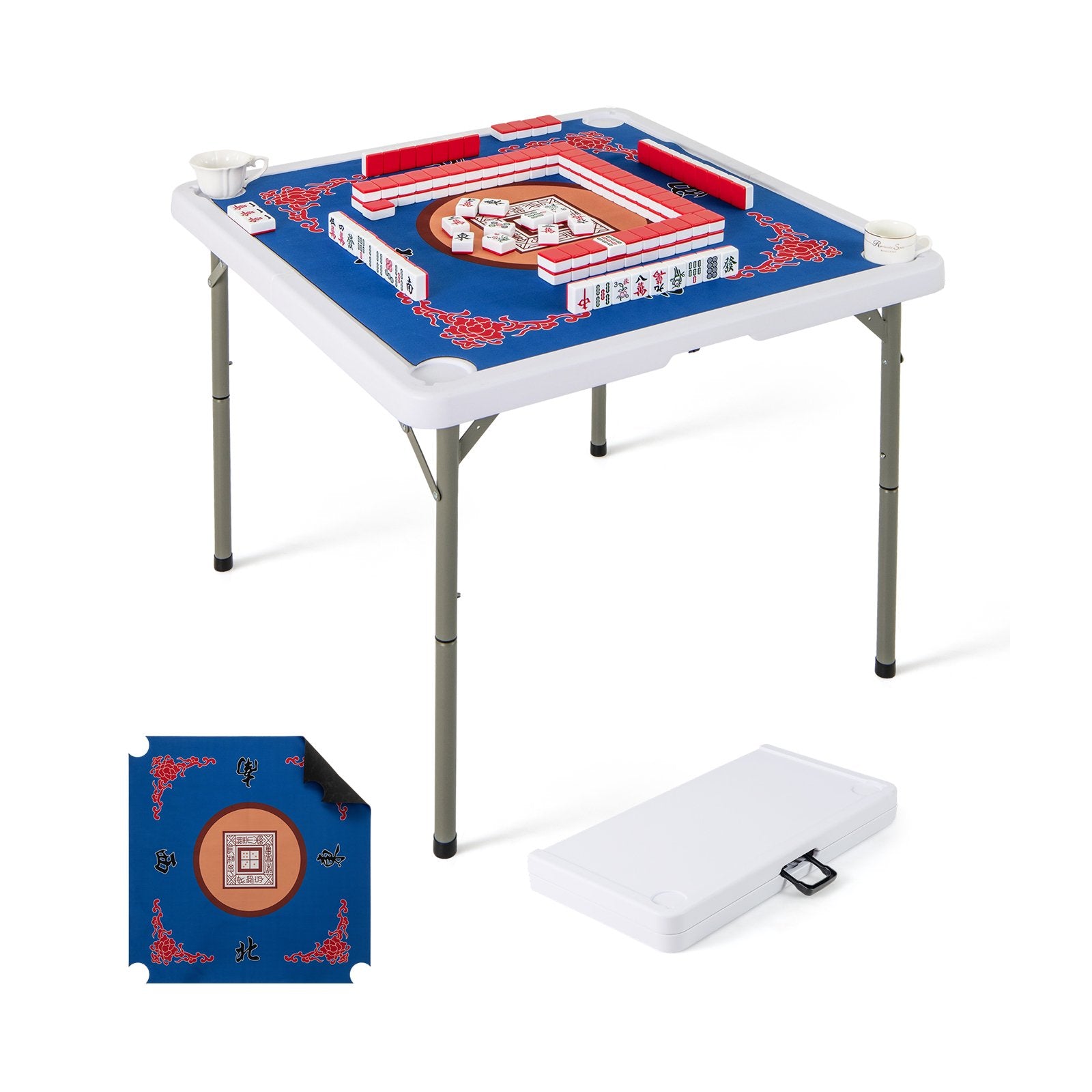 Folding Mahjong Table with Cup Holders and Removable Game Mat-Blue