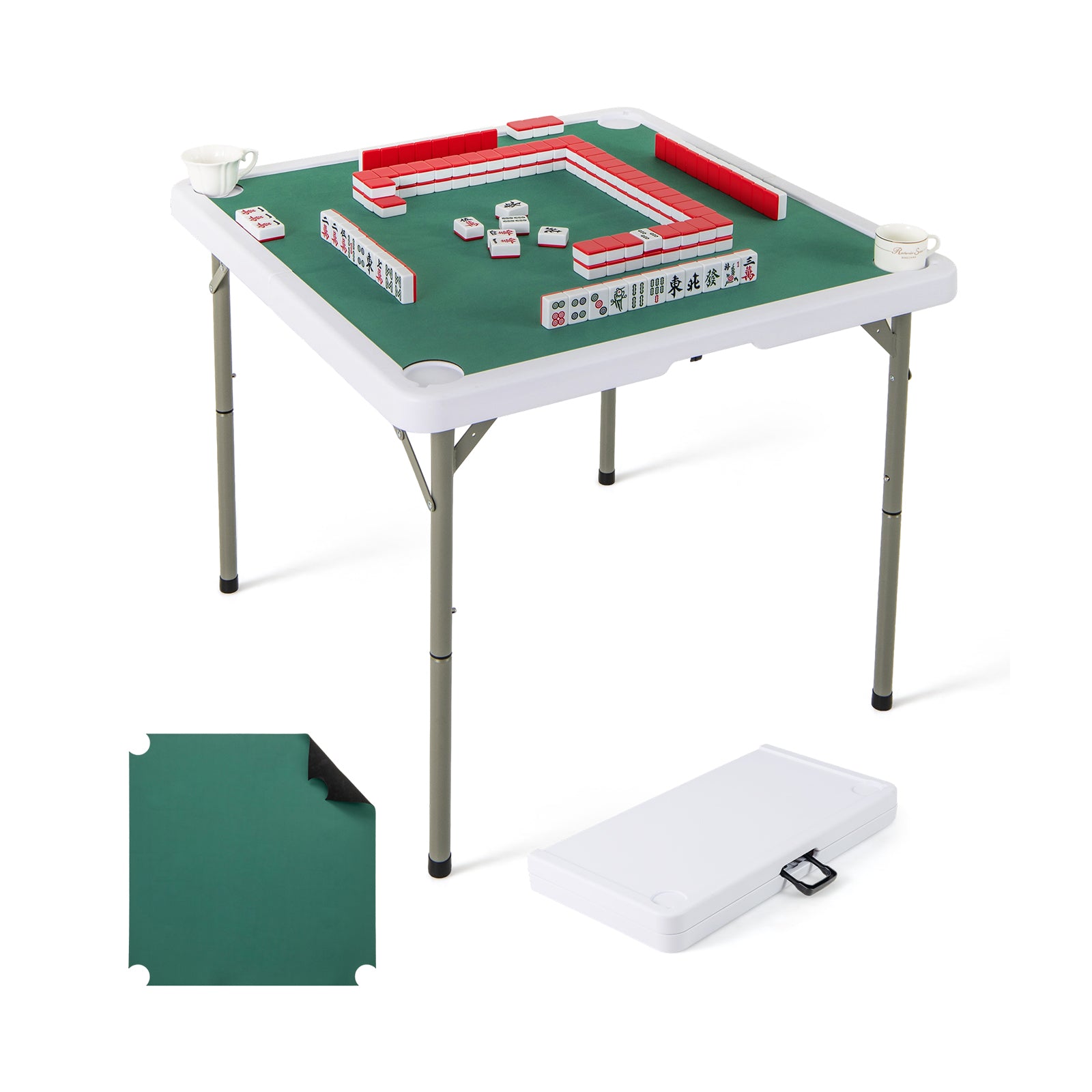 Folding Mahjong Table with Cup Holders and Removable Game Mat-Green