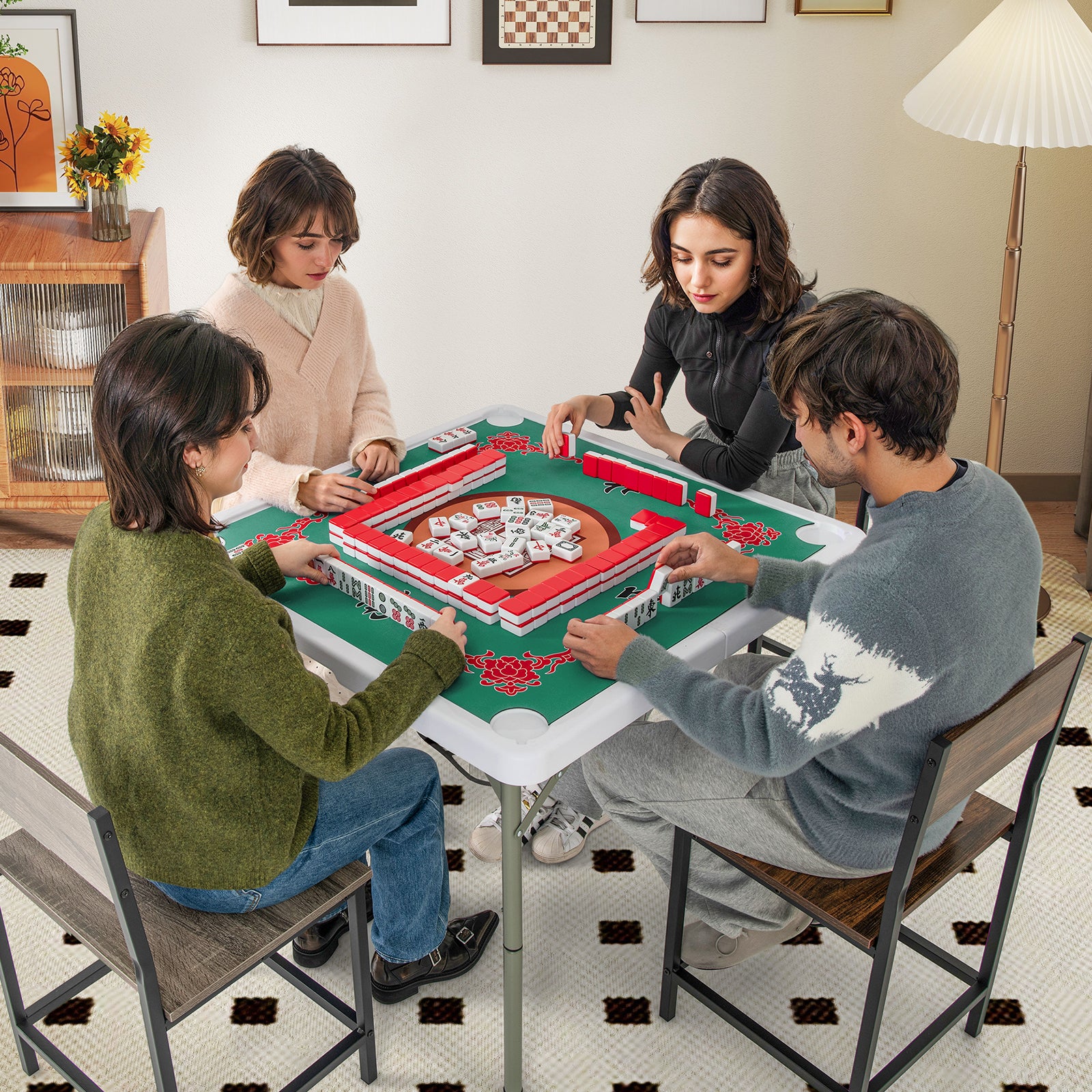 Folding Mahjong Table with Cup Holders and Removable Game Mat-Green &amp; Red