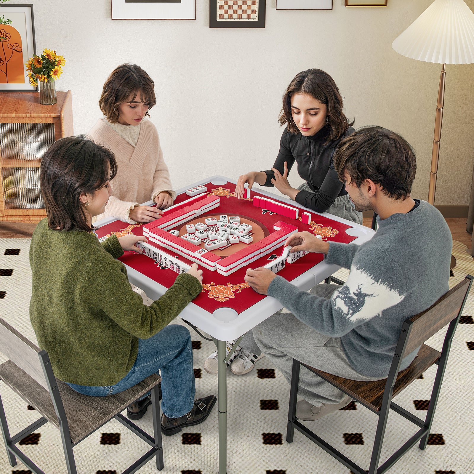 Folding Mahjong Table with Cup Holders and Removable Game Mat-Red