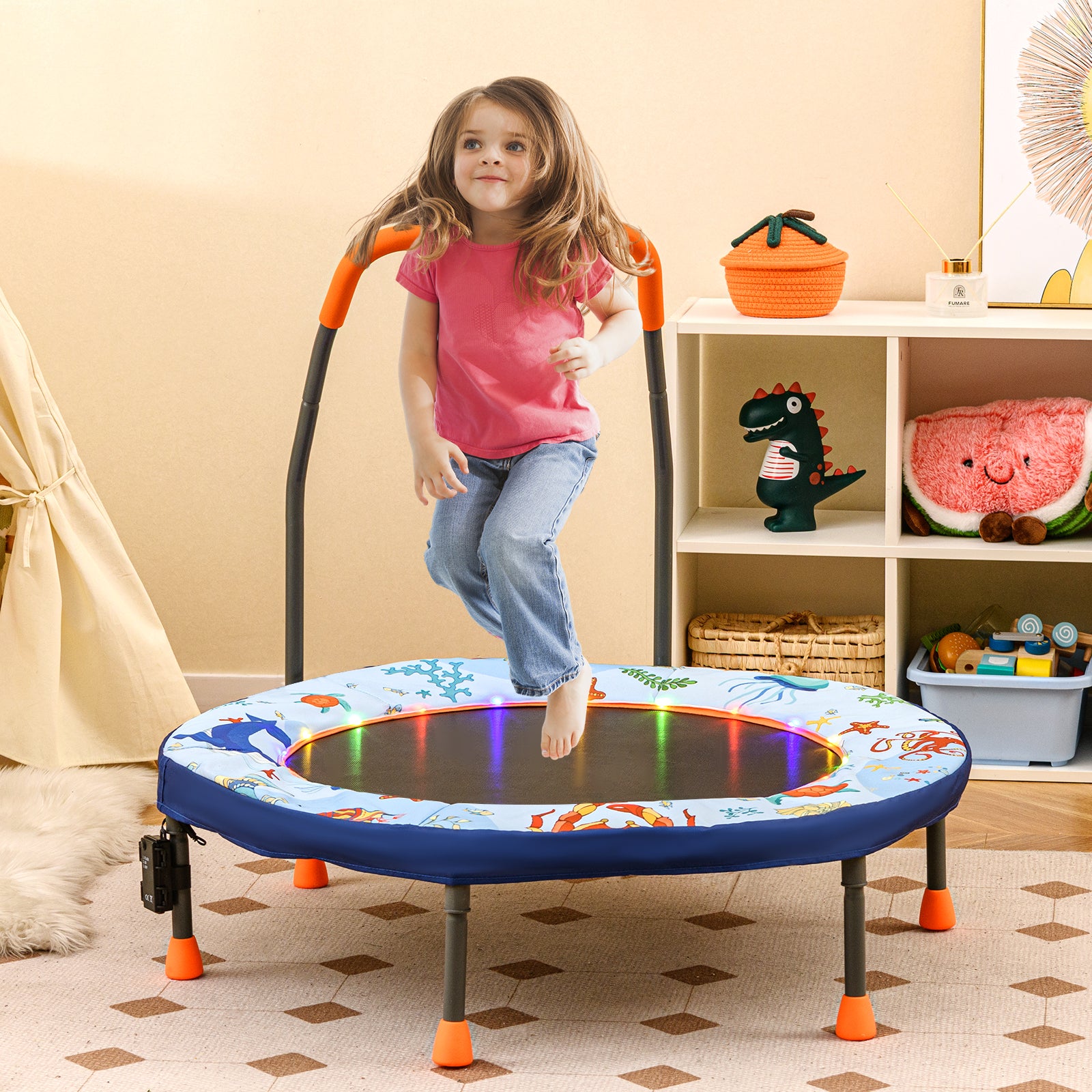 90 cm Folding Mini Trampoline for Kids with Lights and Padded Safety Cover-Blue
