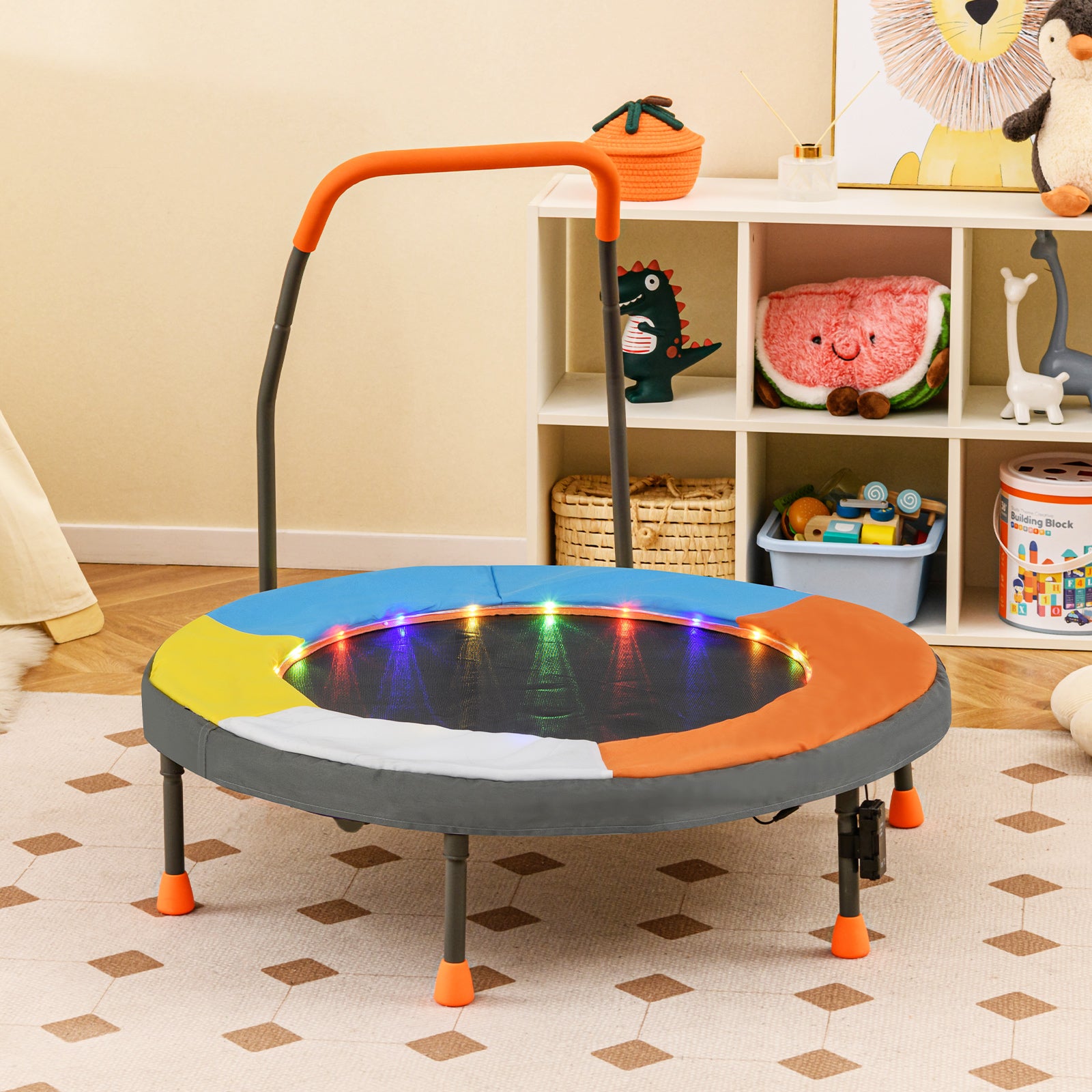 90 cm Folding Mini Trampoline for Kids with Lights and Padded Safety Cover-Orange