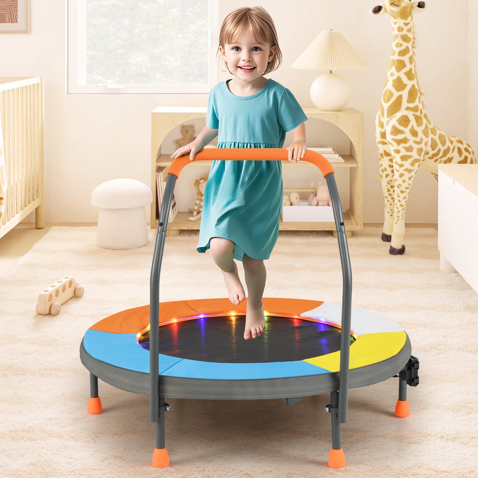 90 cm Folding Mini Trampoline for Kids with Lights and Padded Safety Cover-Orange