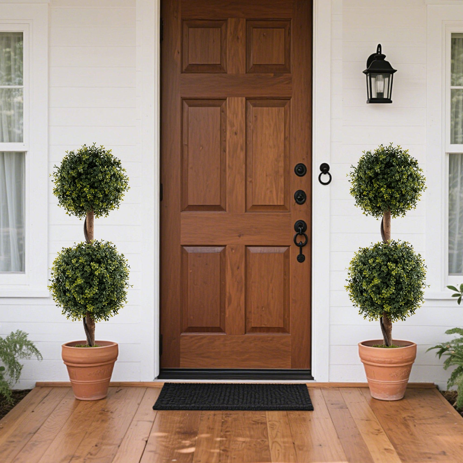 Set of 2 Artificial Double Topiary Ball Trees 90cm Faux Boxwood Topiary Tree