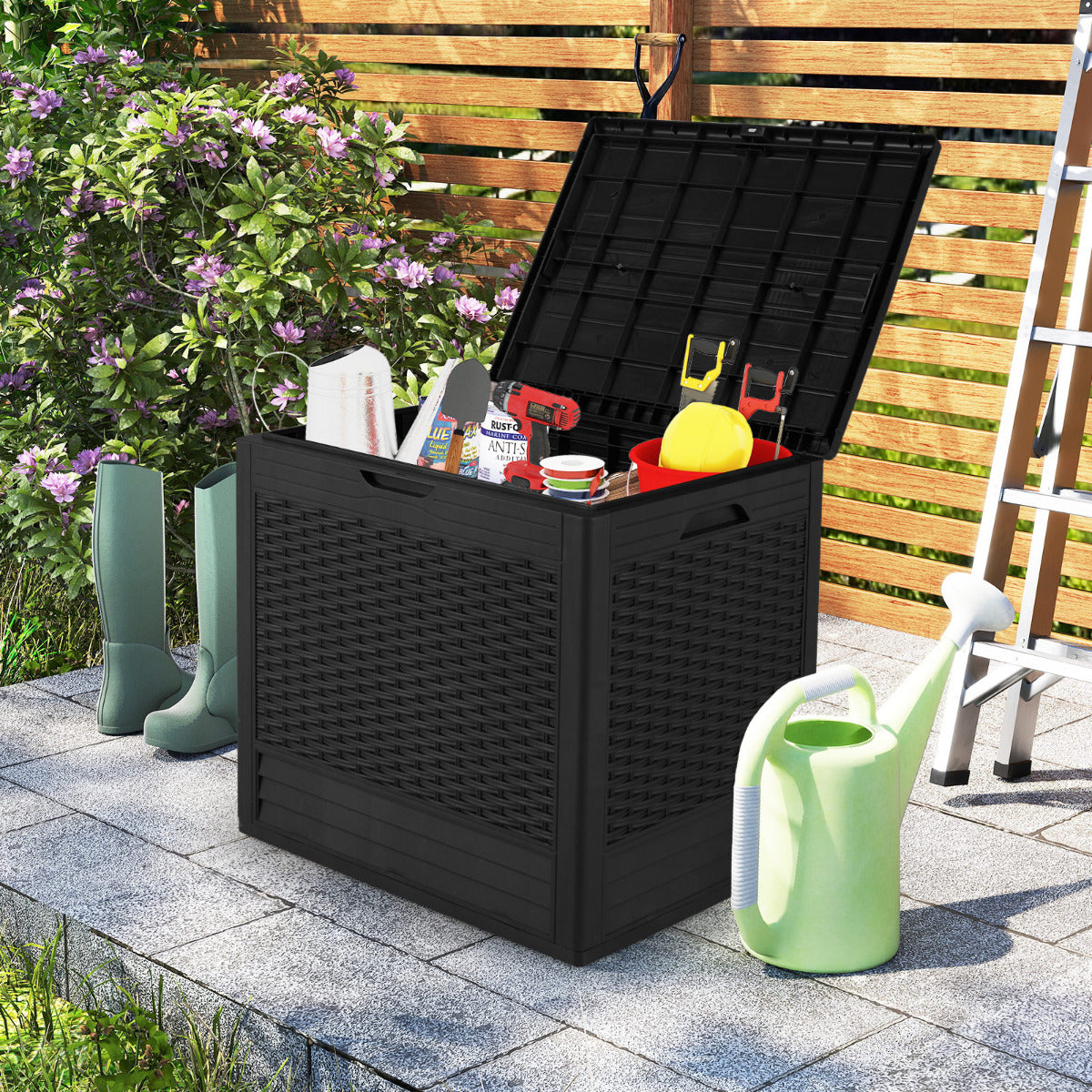 96 L Outdoor Storage Box with Rattan Patterns and Lockable Lid-Black