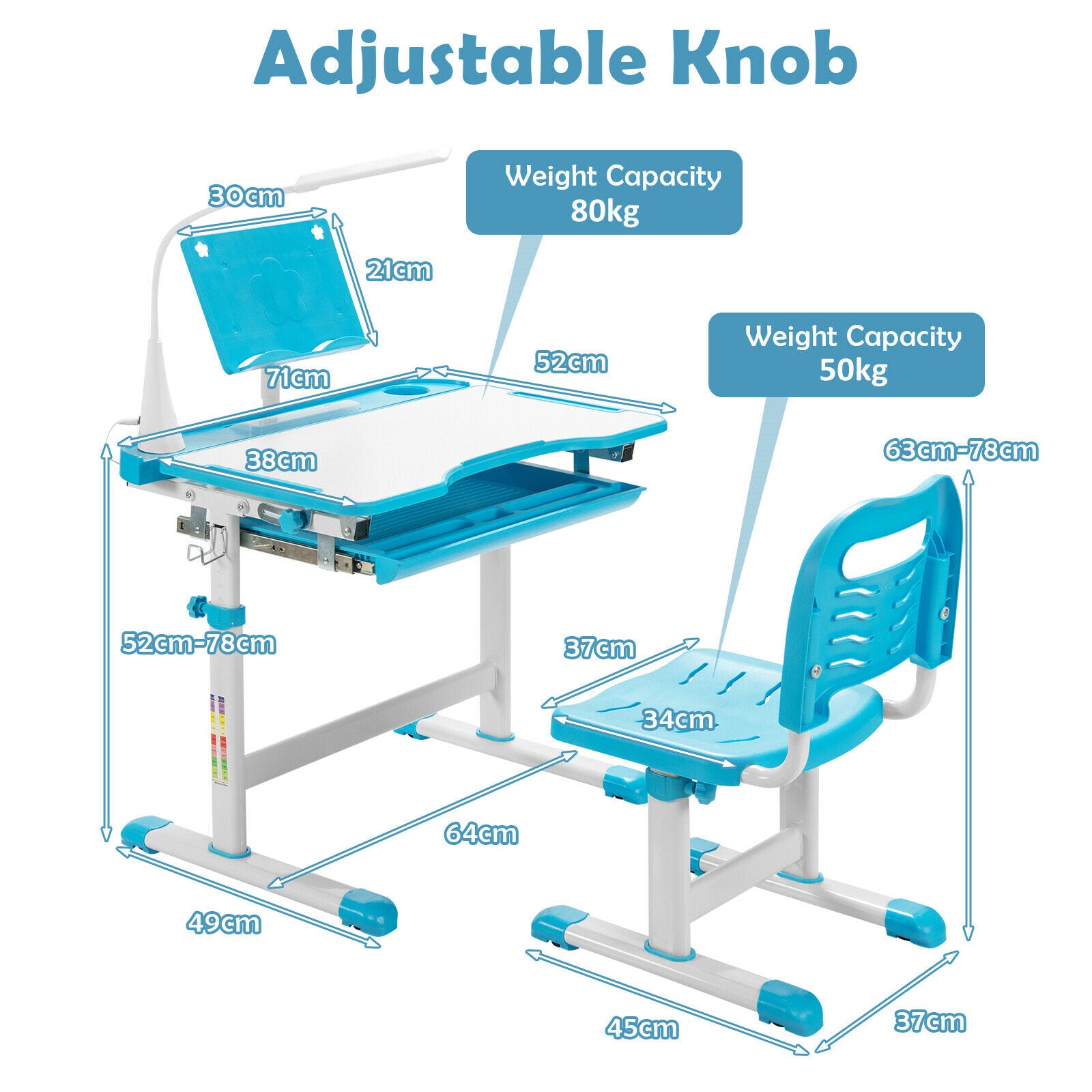 Height Adjustable Kid's Tilted Desk Set with Lamp & Drawer-Blue