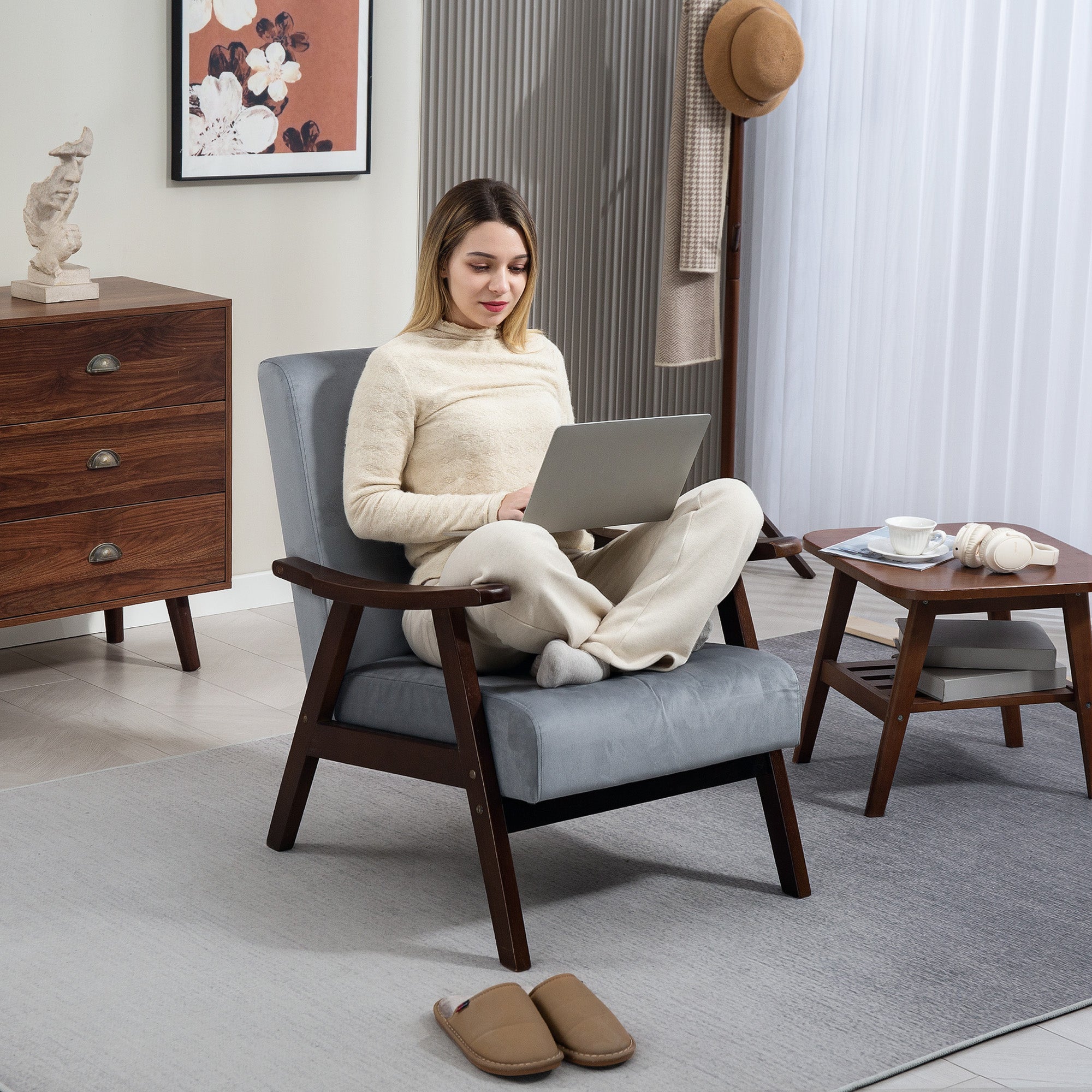 HOMCOM Nordic Accent Chair, Upholstered Velvet Armchair with Solid Wood Frame and Soft Thick Padded for Living Room, Bedroom, Grey