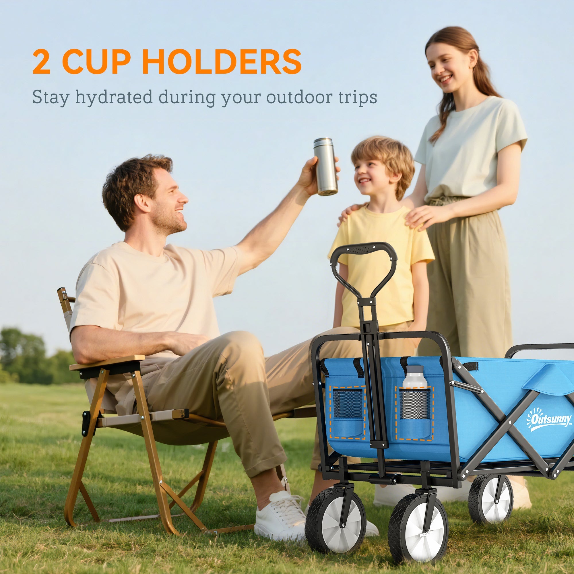 Outsunny 90L Festival Trolley on Wheels, Folding Camping Trolley Cart with Adjustable Handle, Portable for Outdoor, Garden, Shopping, Fishing, Blue