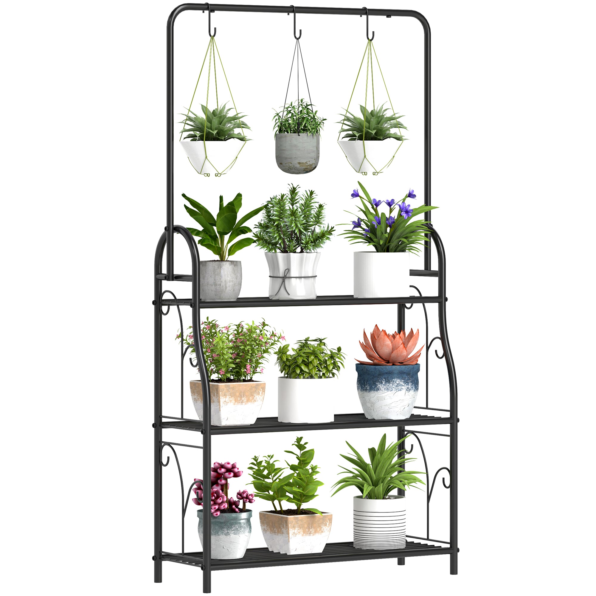 Outsunny 3 Tier Plant Stand with Hanging Rod and Hooks, Metal Plant Rack Shelf, Ladder Flower Pot for Indoor Outdoor Porch Balcony Living Room Bedroom, Black