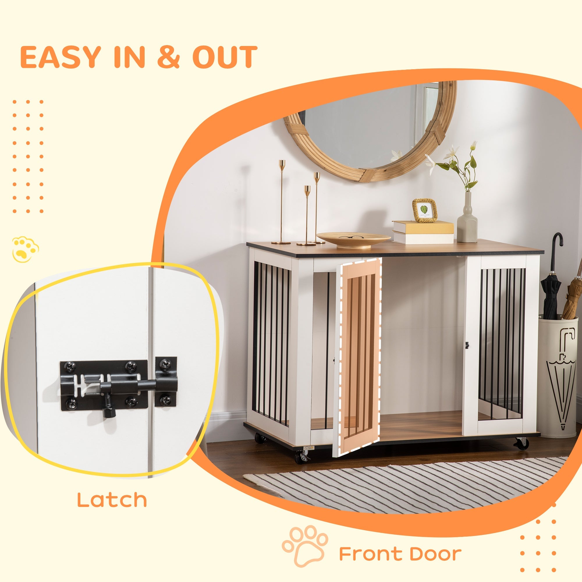 PawHut Dog Crate Furniture, Dog Cage End Table, with Wheels, for Large Dogs, 106 x 60 x 82 cm - White