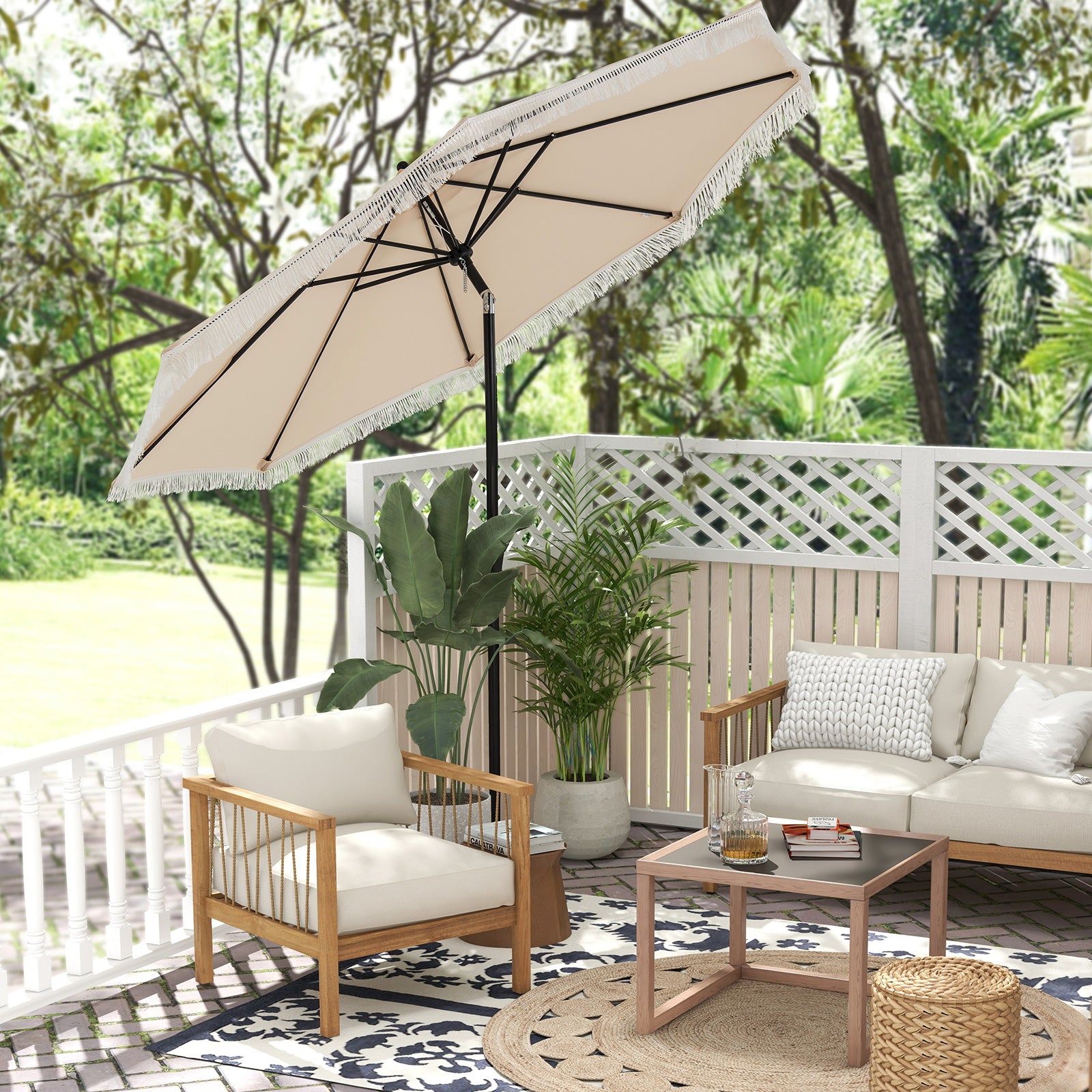 9 FT Patio Umbrella with Fringe Tassel Umbrella with Tilt and Crank-Beige
