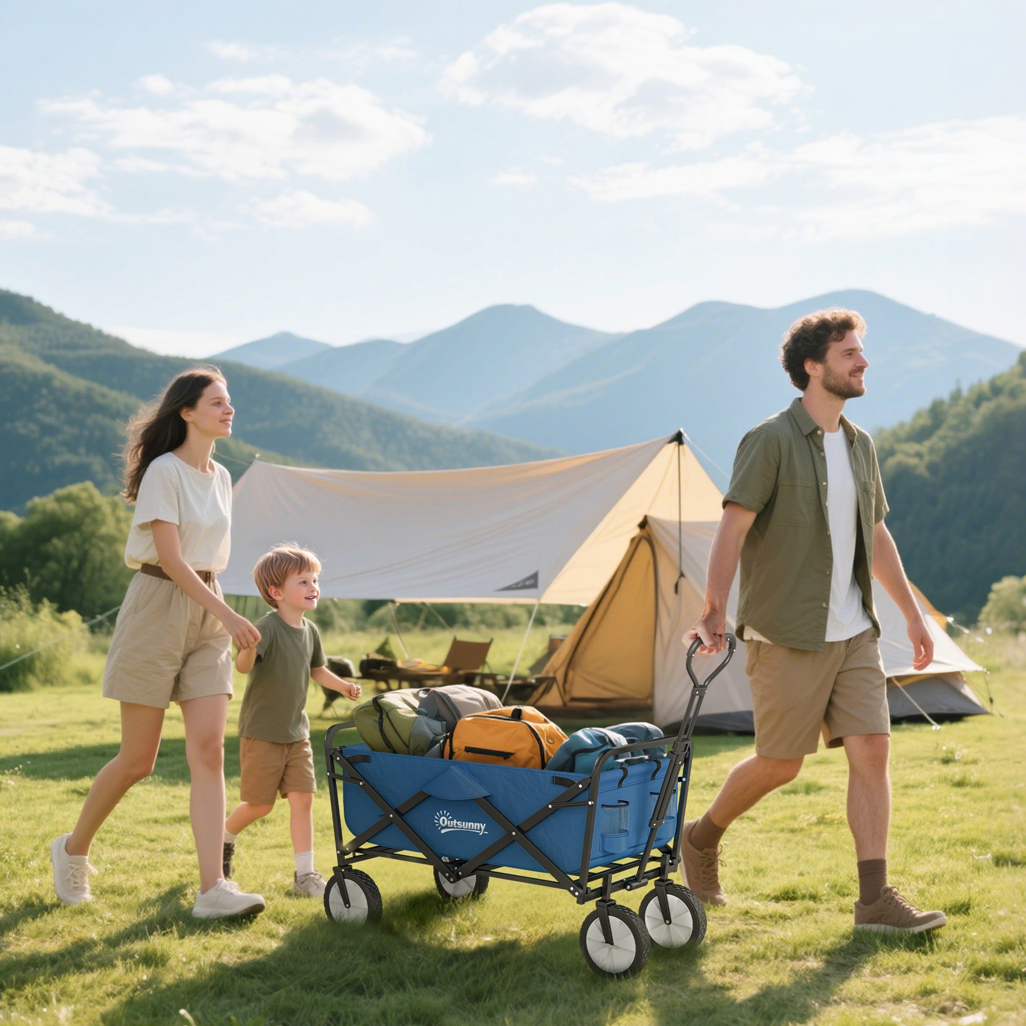 Outsunny 90L Festival Trolley on Wheels, Folding Camping Trolley Cart with Adjustable Handle, Portable for Outdoor, Garden, Shopping, Fishing, Navy Blue