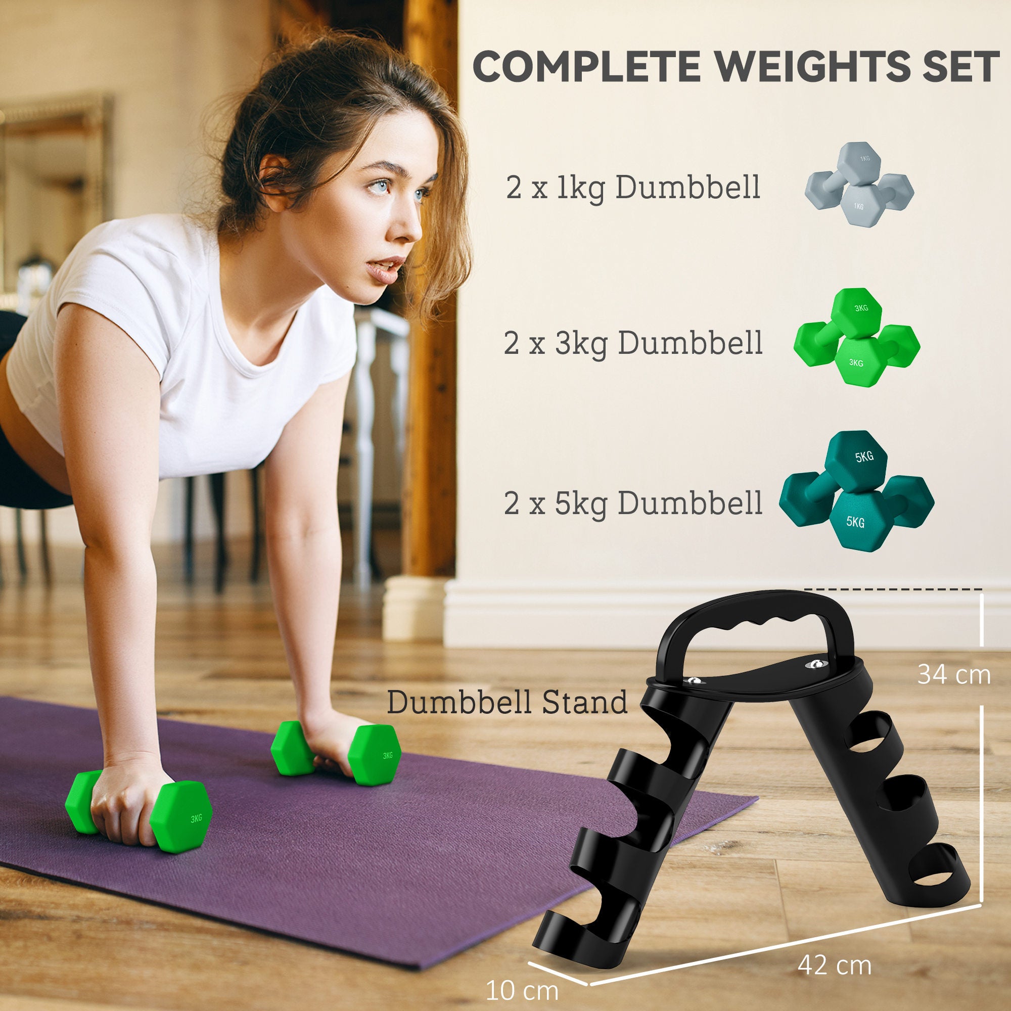 SPORTNOW Dumbbells Set with Storage Rack, 2 x 1kg, 2 x 3kg, 2 x 5kg, Grey