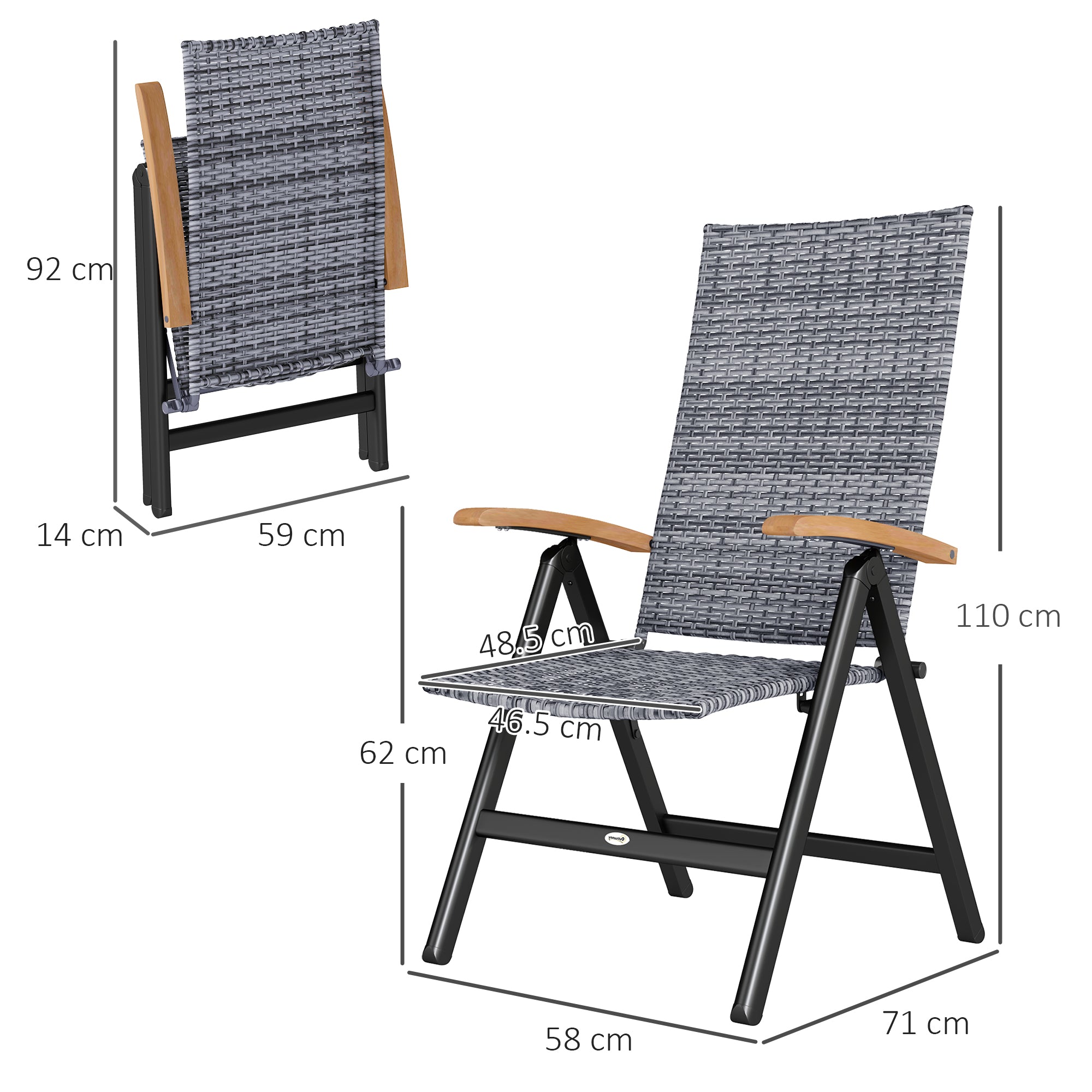 Outsunny Folding Rattan Garden Dining Chair with 5-level Reclining High Back, Wood Armrests for Outdoor, Patio - Light Grey