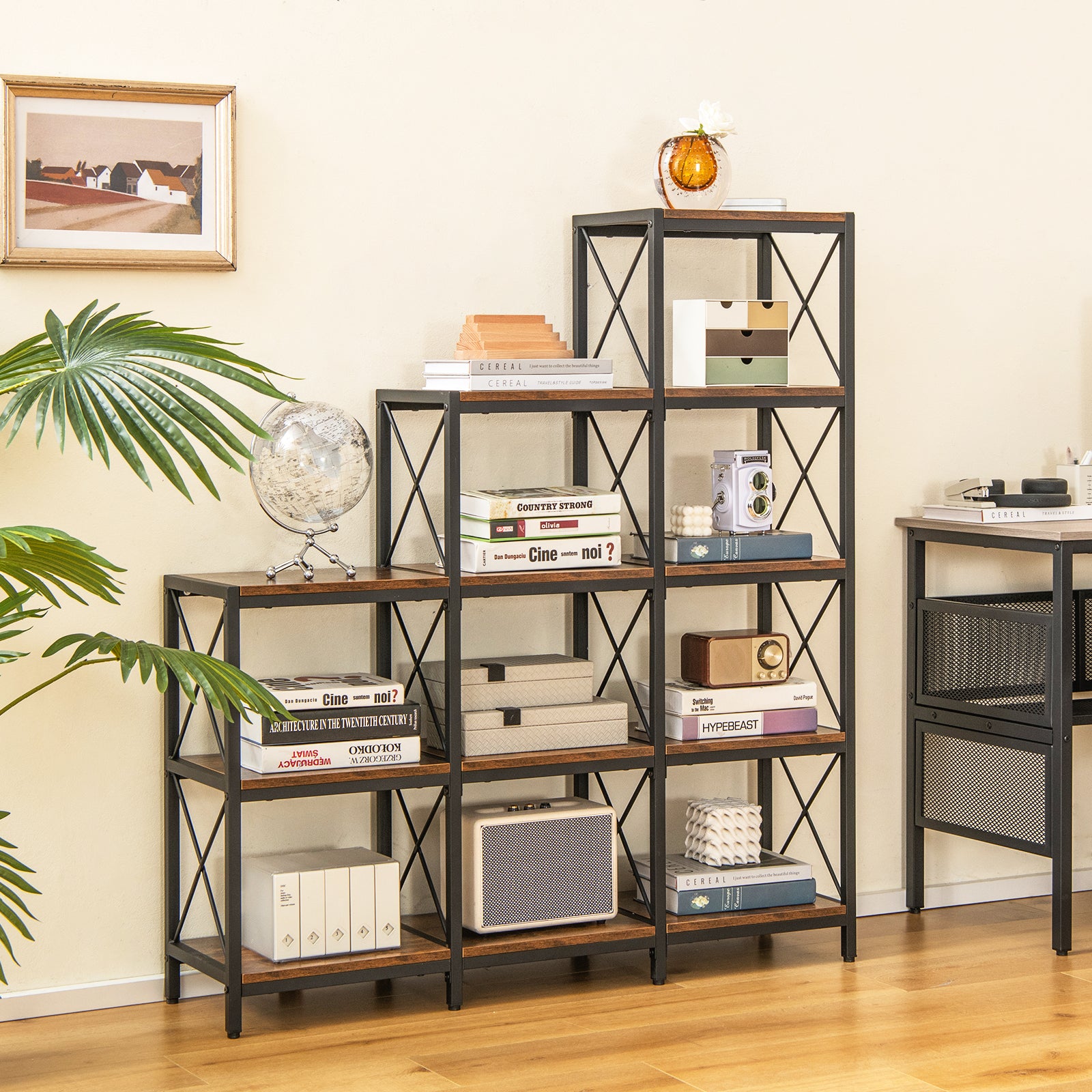 5-Tier Bookshelf 9 Cubes Bookcase with Carbon Steel Frame-Rustic Brown