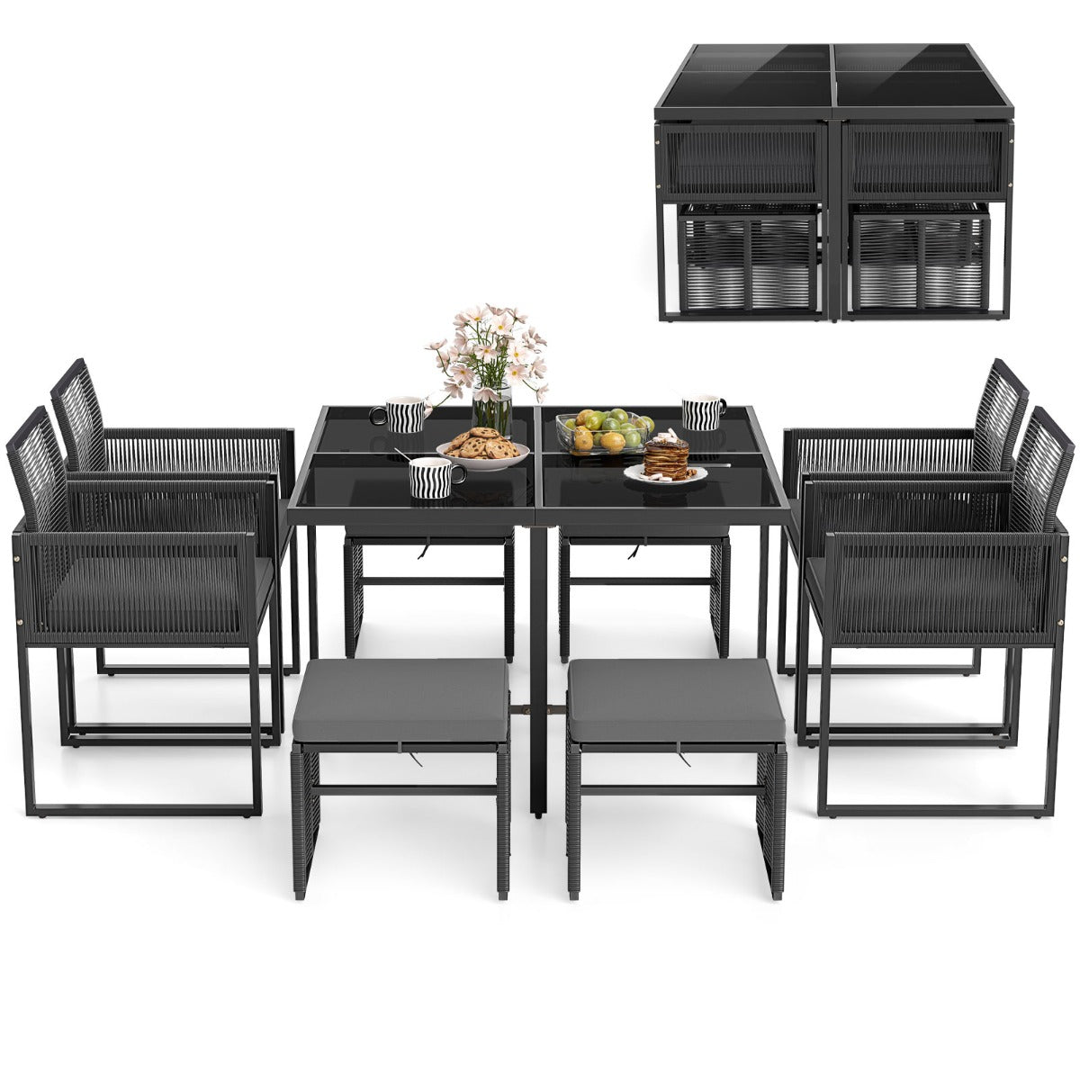 9 Pieces Patio Dining Set with PE Rattan Chairs and Tempered Glass Table-Grey