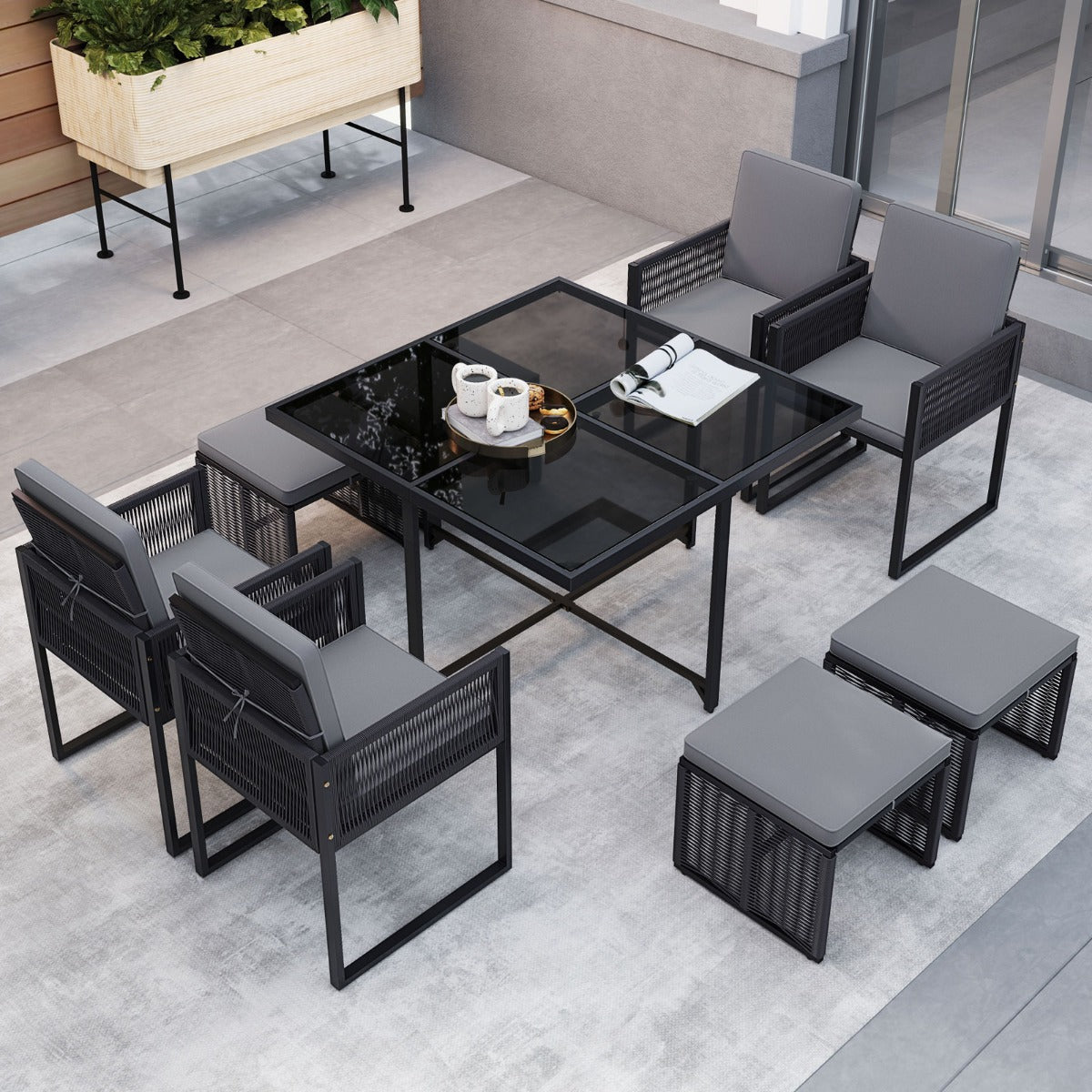 9 Pieces Patio Dining Set with PE Rattan Chairs and Tempered Glass Table-Grey