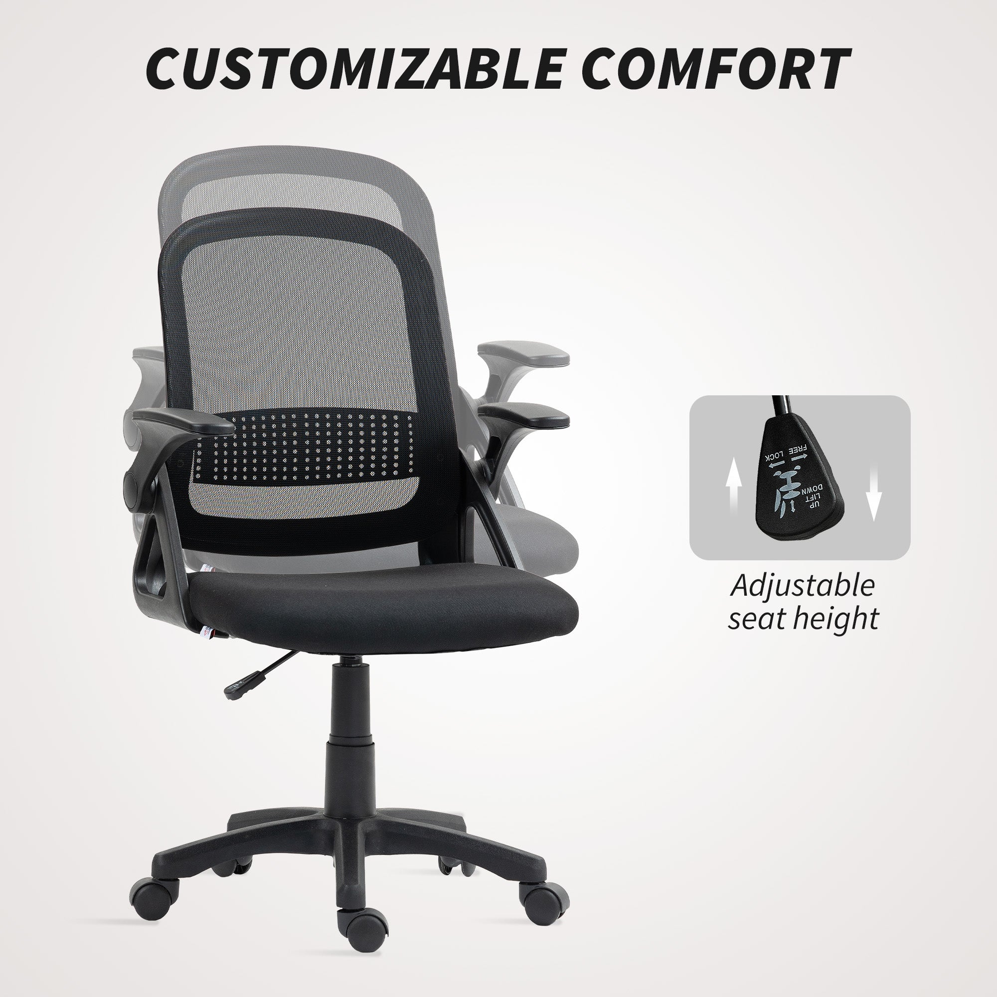 HOMCOM Breathable Mesh Office Chair, Ergonomic Swivel Computer Chair with Flip-up Armrests, Lumbar Back Support for Home/Office, Black