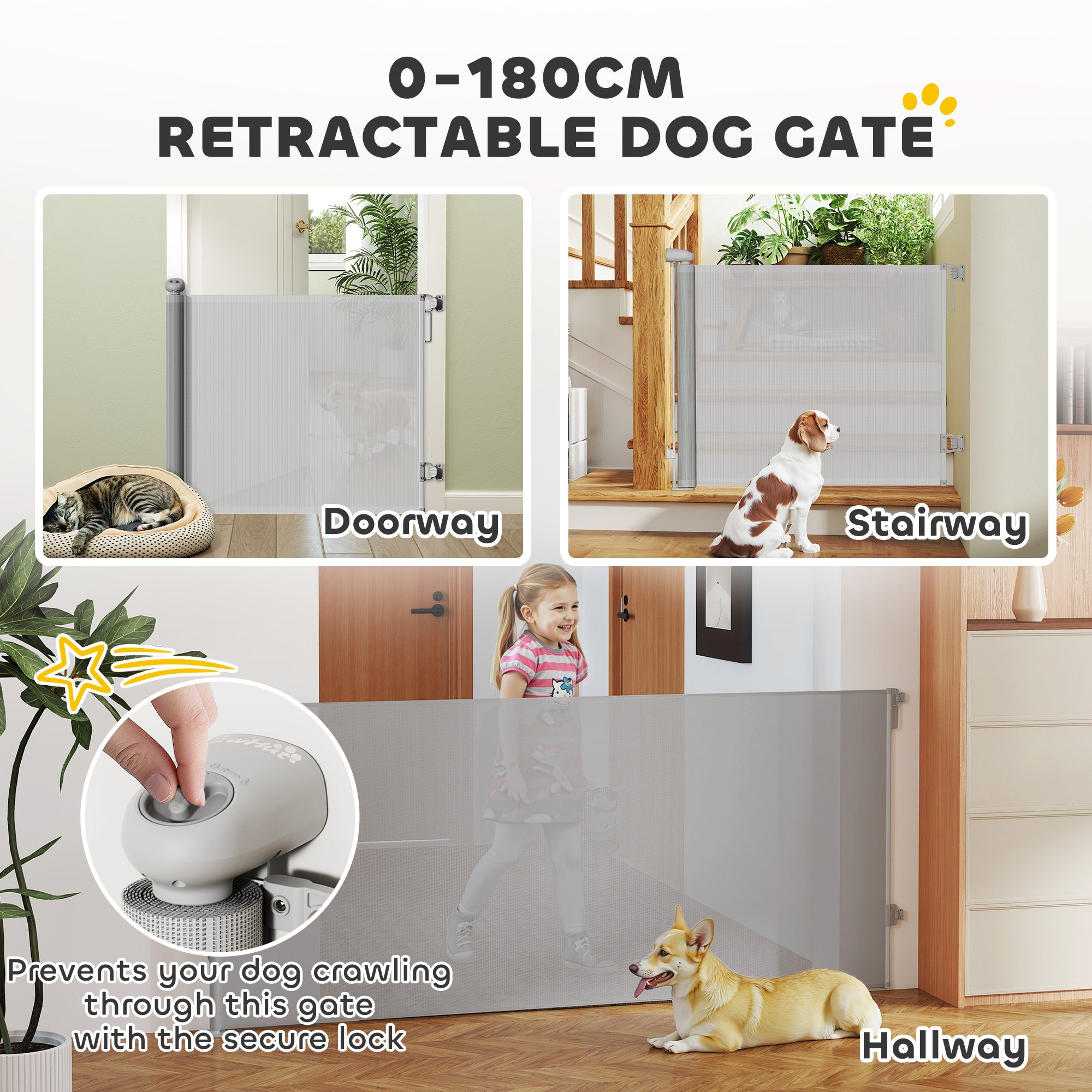 PawHut Retractable Stair Gate Extends Up to 180 cm Wide, Dog Gate for Doorways, Stairways, Hallways, Grey